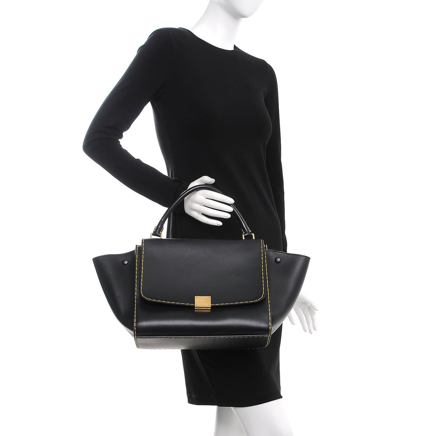 Smooth Calfskin Yellow Stitching Medium Trapeze Black