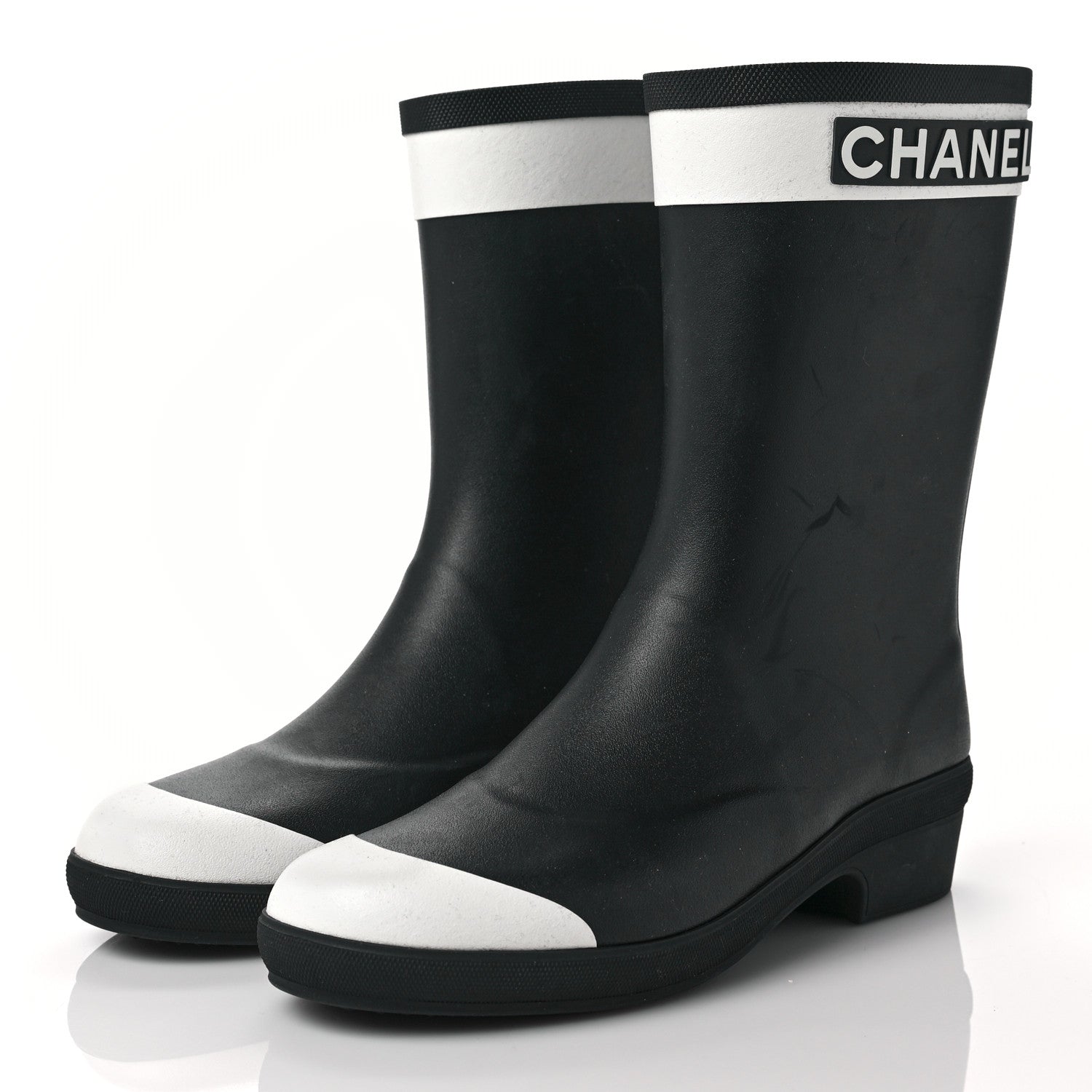 Chanel Rubber Logo Short Rain Boots 35 Black White 3 of 9