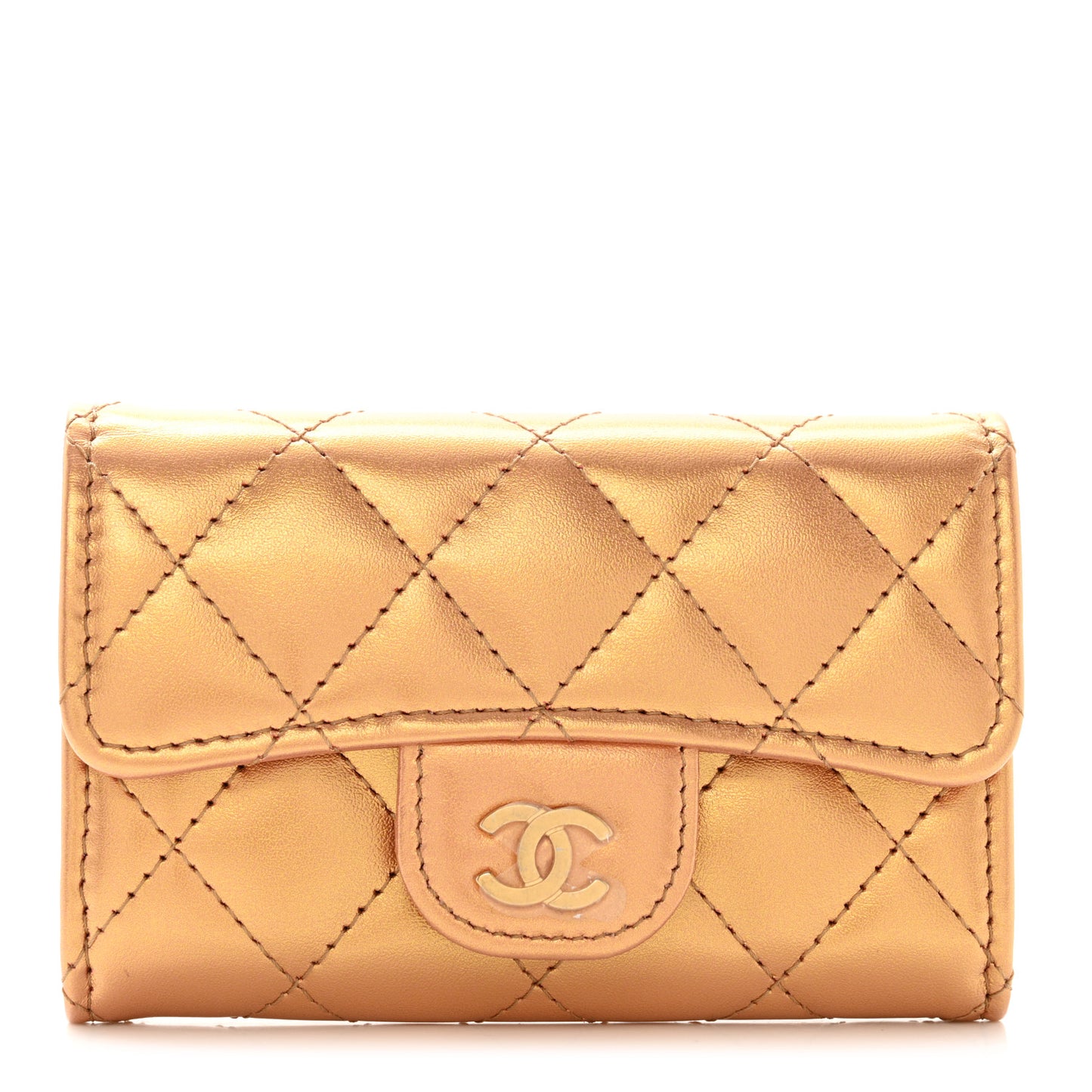 Metallic Lambskin Quilted Flap Card Holder Wallet Golden