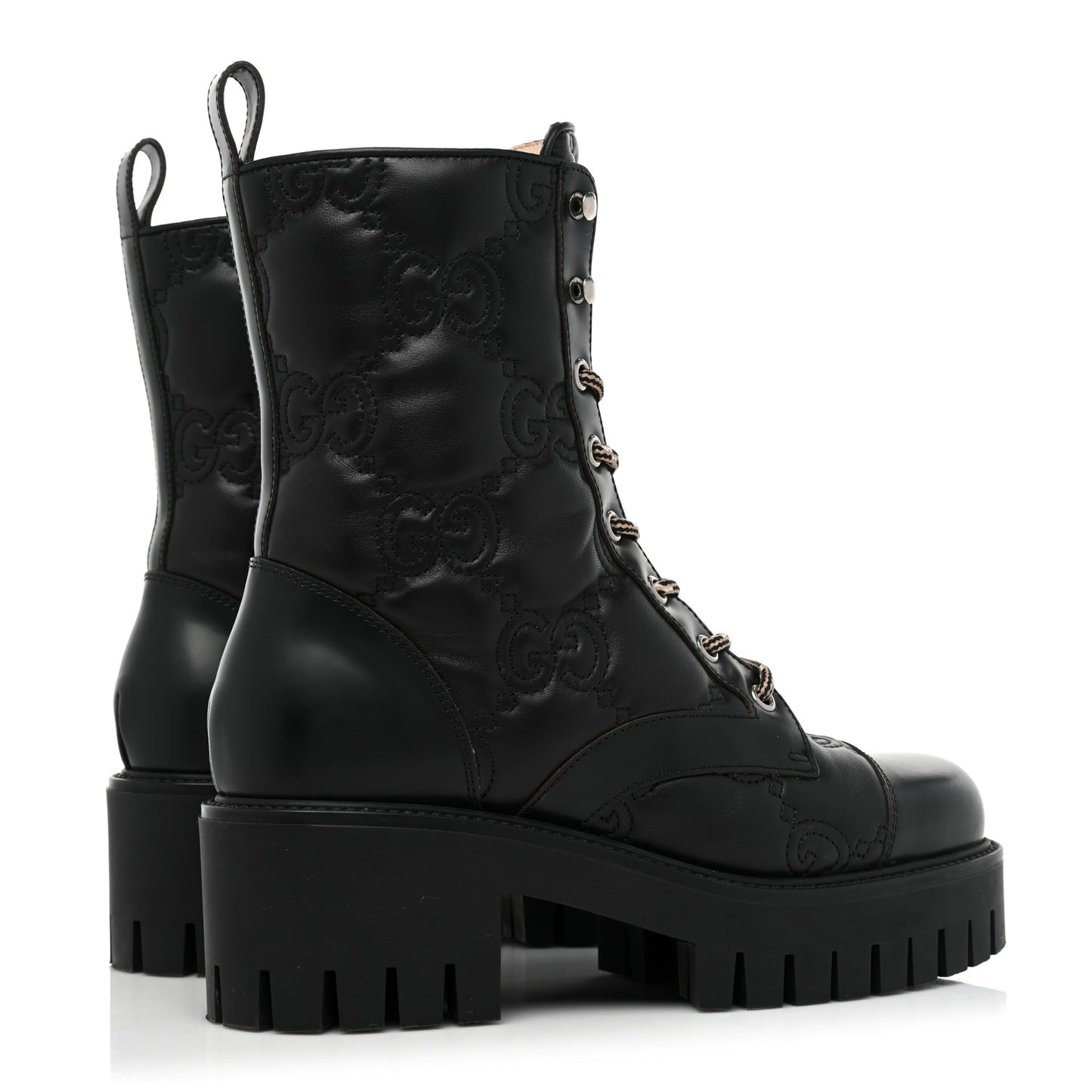 Cordovan Lux Nappa GG Matelasse Lace Up 60mm Combat Boots 36 Black