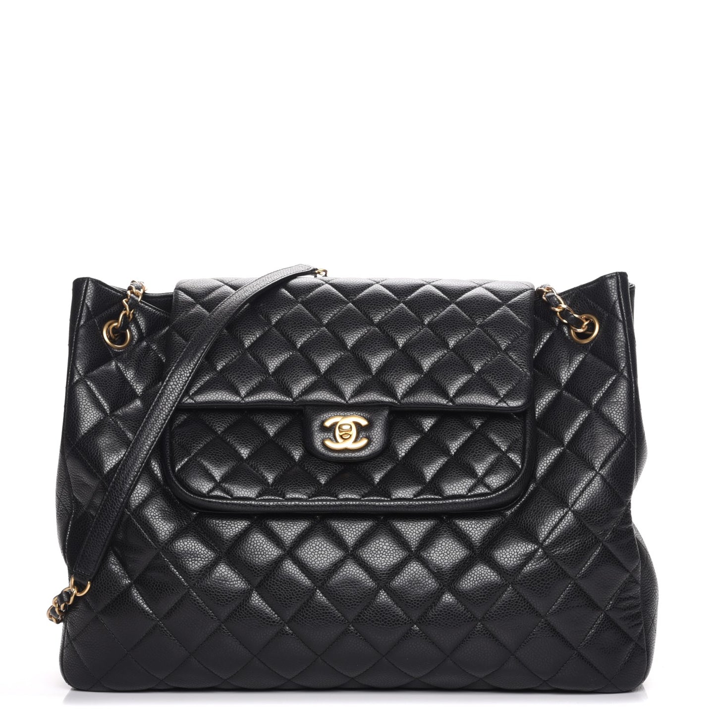 Caviar Quilted Flap Tote Black