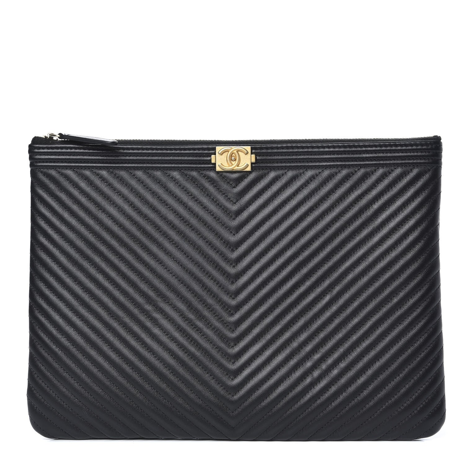 Chanel Calfskin Chevron Boy Zip Pouch Black 1 of 8