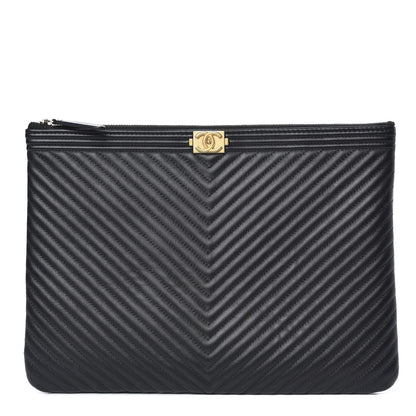 Chanel Calfskin Chevron Boy Zip Pouch Black 1 of 8