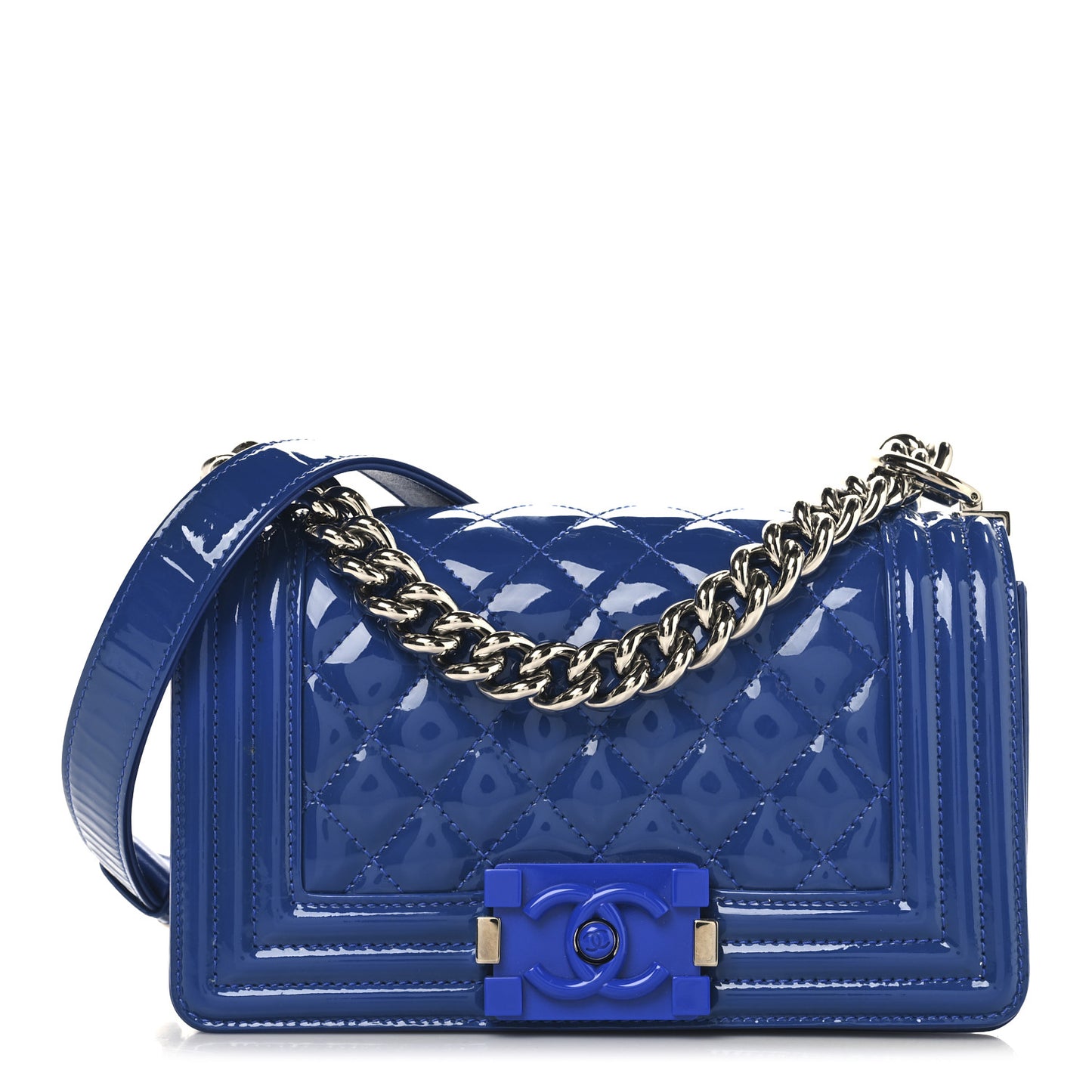 Patent Calfskin Quilted Small Plexiglass Boy Flap Blue