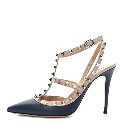 Valentino Garavani Calfskin Nappa Rockstud Ankle Strap 100mm Pumps 40 Marine Poudre 1 of 8