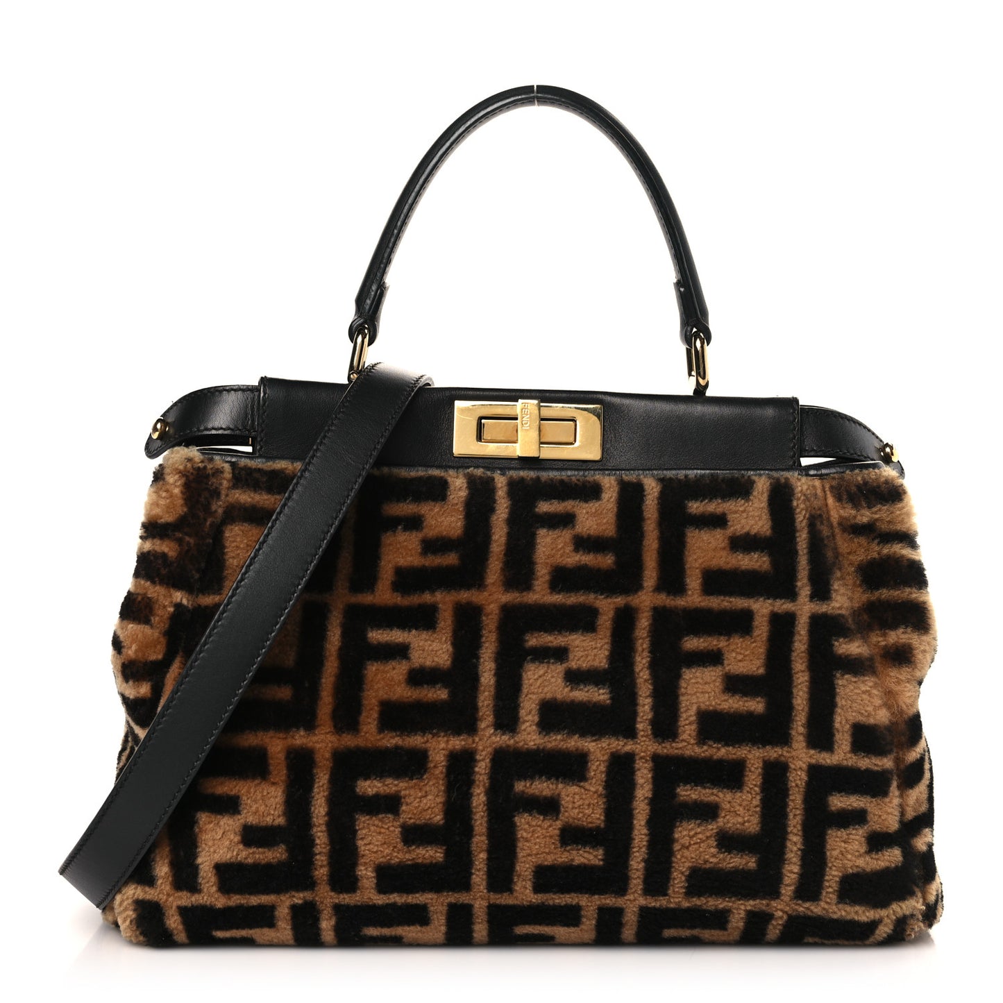 Shearling Nappa Macro FF 1974 Medium Peekaboo Iconic Satchel Tobacco Black
