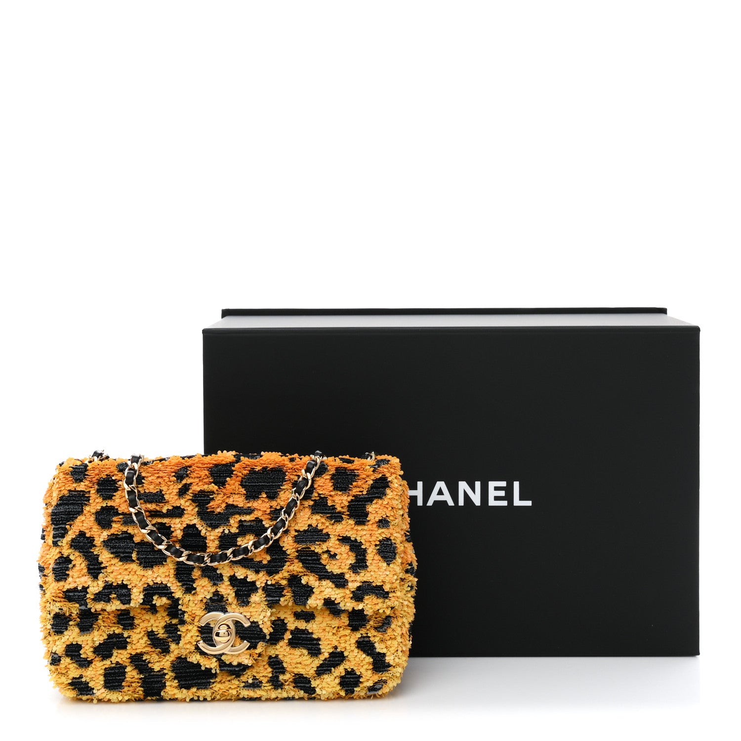 Chanel Sequin Mixed Fibers Leopard Print Mini Rectangular Flap Black Orange 9 of 11