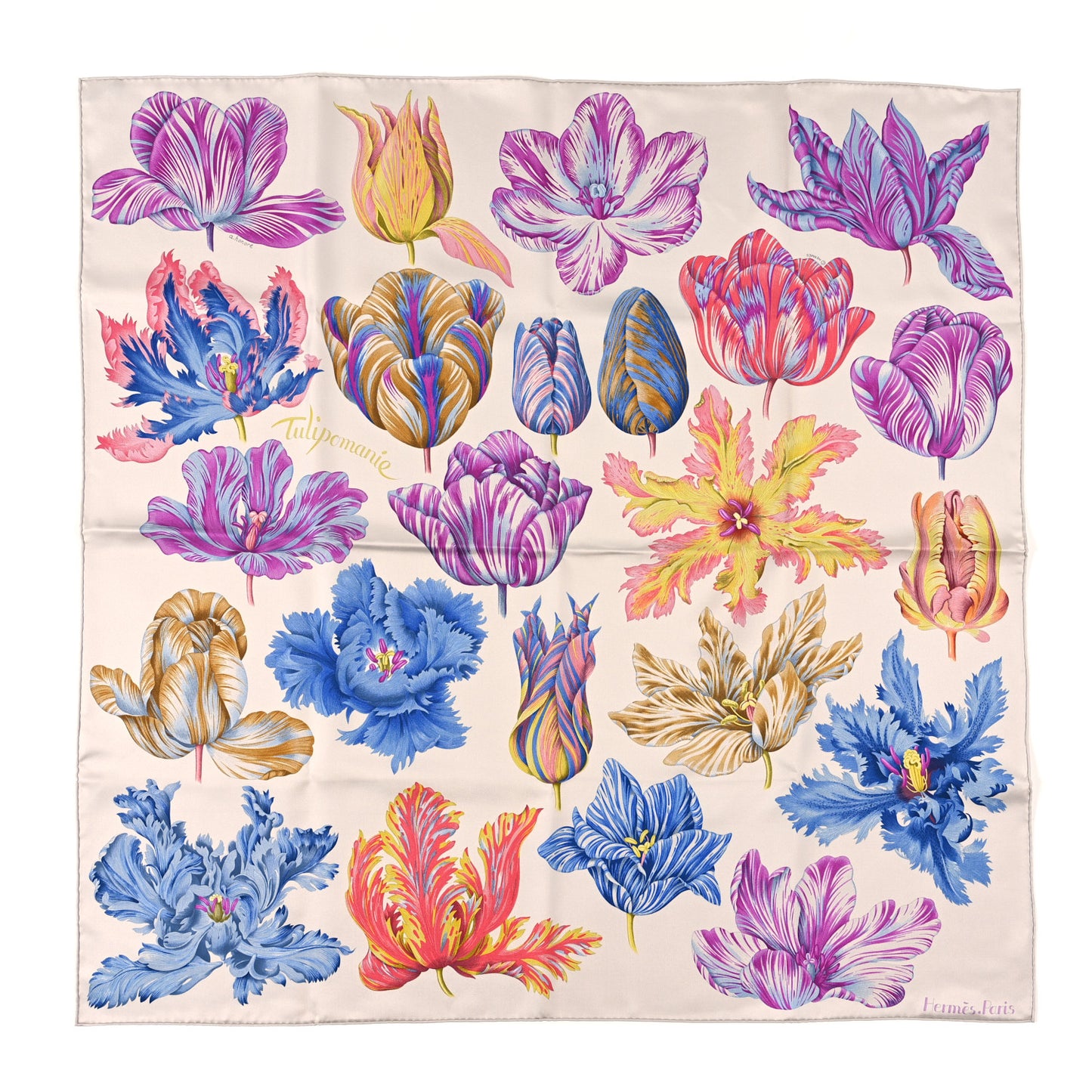 Silk Tulipomanie Scarf 90 Argent Violet Bleu Jean