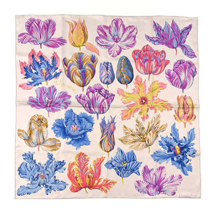 Hermes Silk Tulipomanie Scarf 90 Argent Violet Bleu Jean 1 of 3