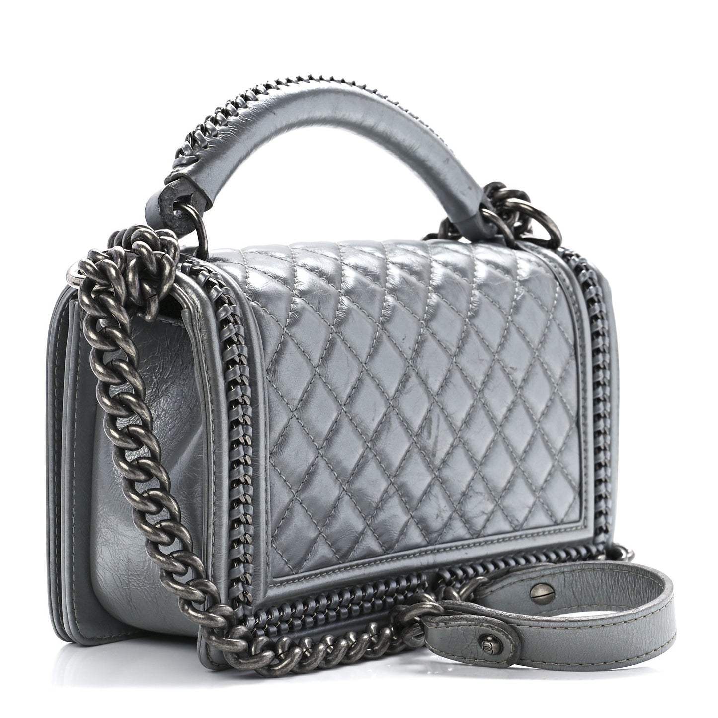 Metallic Aged Calfskin Quilted Medium Top Handle Boy Flap Silver