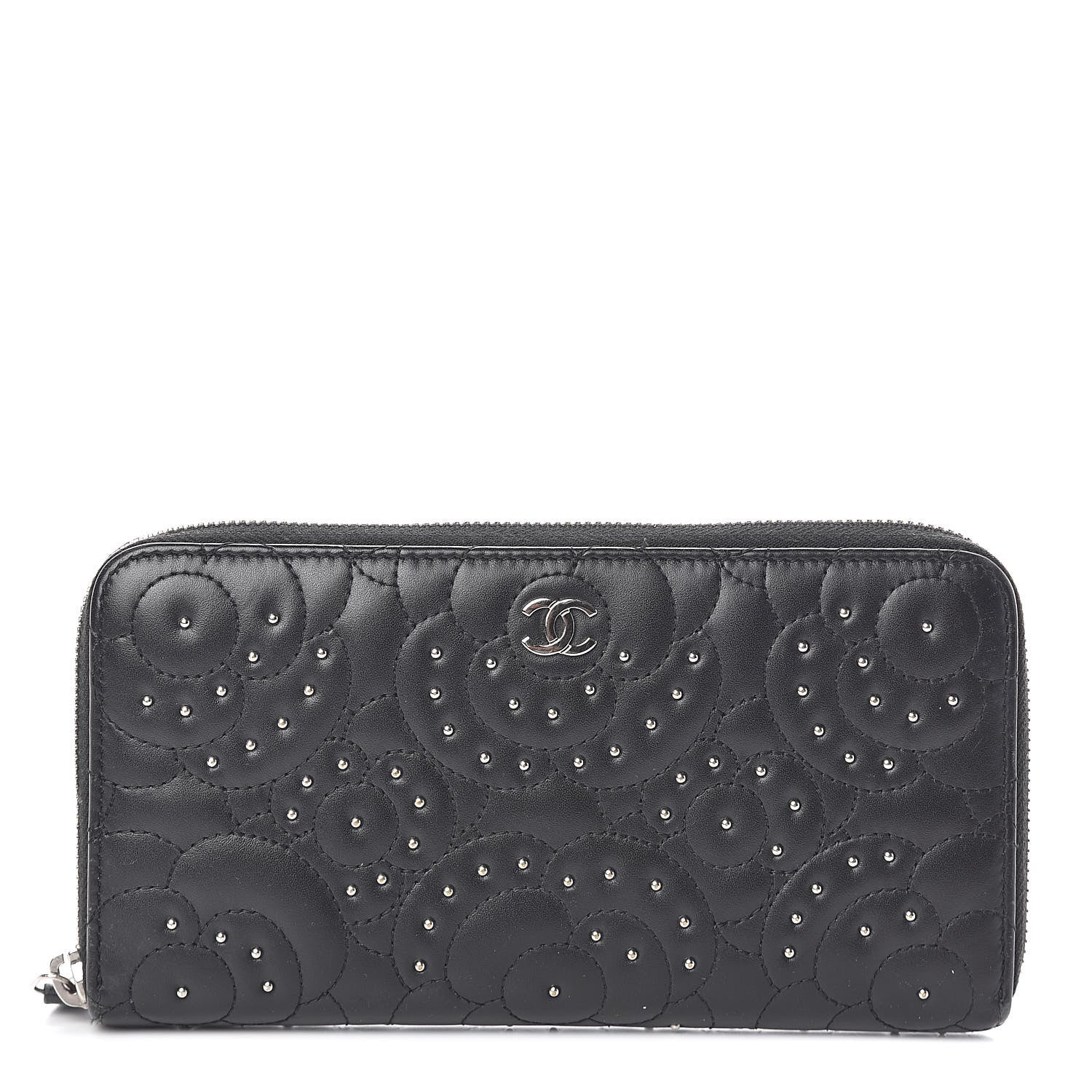 Chanel Lambskin Camellia Studded Large Gusset Zip Around Wallet Black 1 of 8
