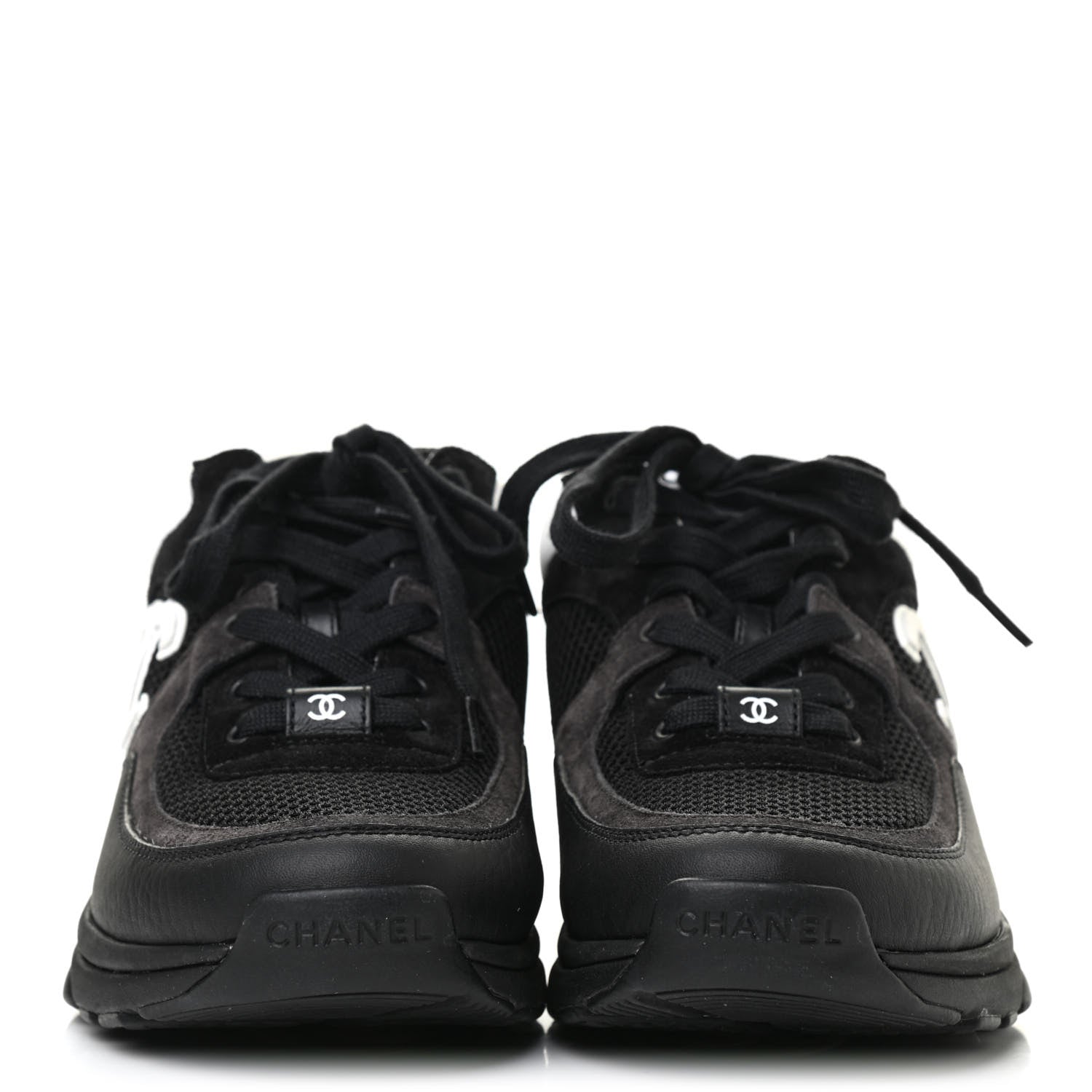 Chanel Mesh Suede Grained Calfskin Womens CC Sneakers 37.5 Black White 2 of 8