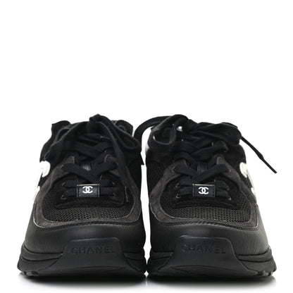 Chanel Mesh Suede Grained Calfskin Womens CC Sneakers 37.5 Black White 2 of 8