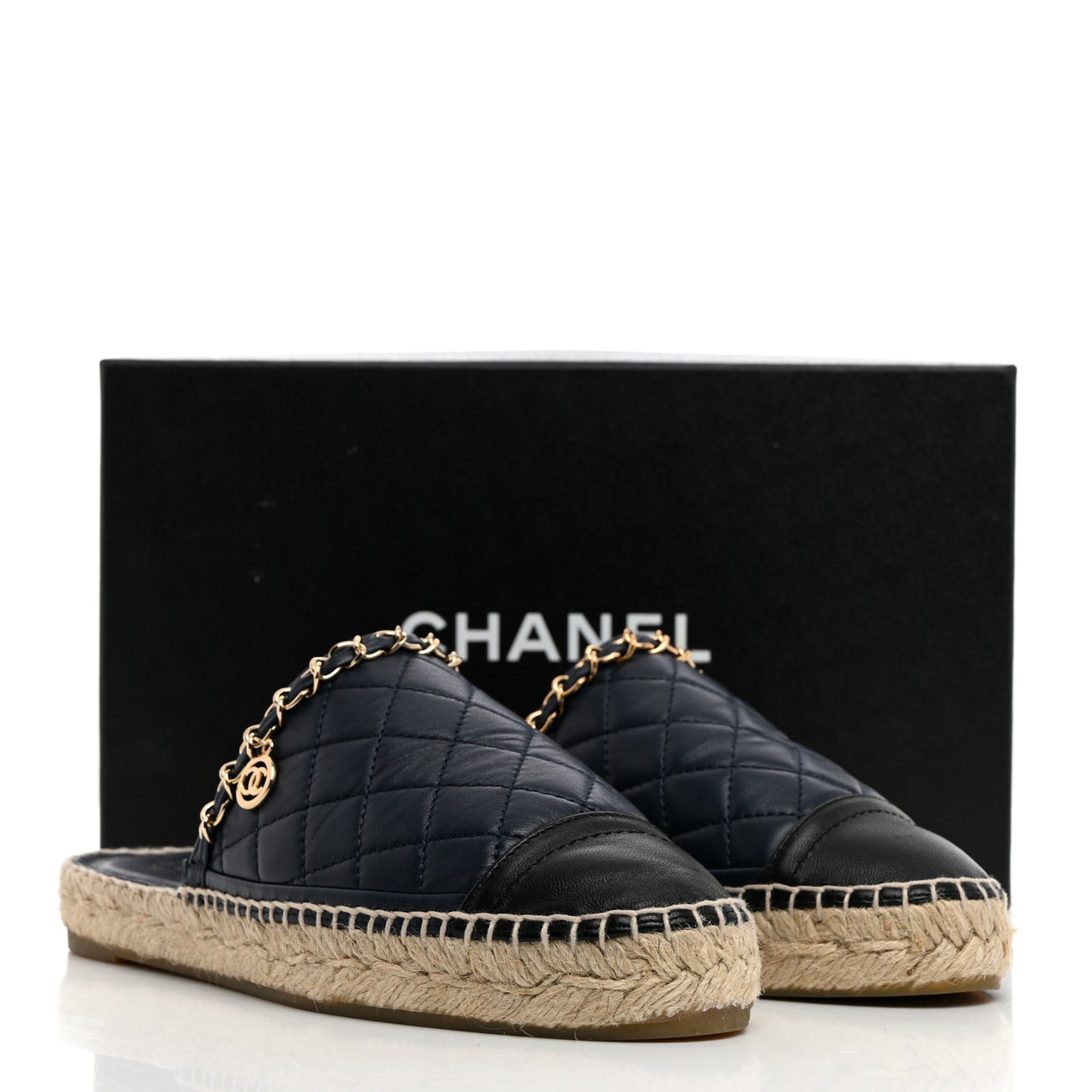 Lambskin Quilted CC Chain Espadrille Mules 36 Navy Black