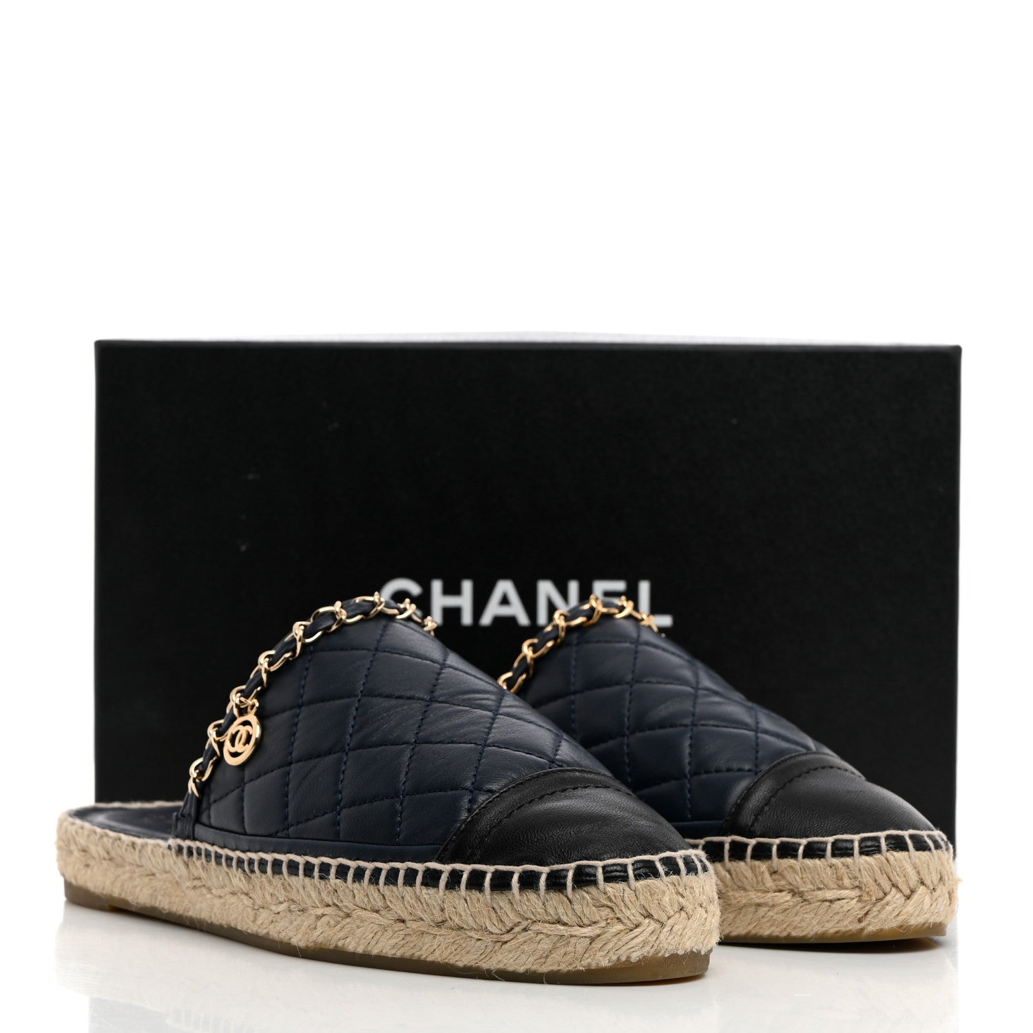 Chanel Lambskin Quilted CC Chain Espadrille Mules 36 Navy Black 9 of 9