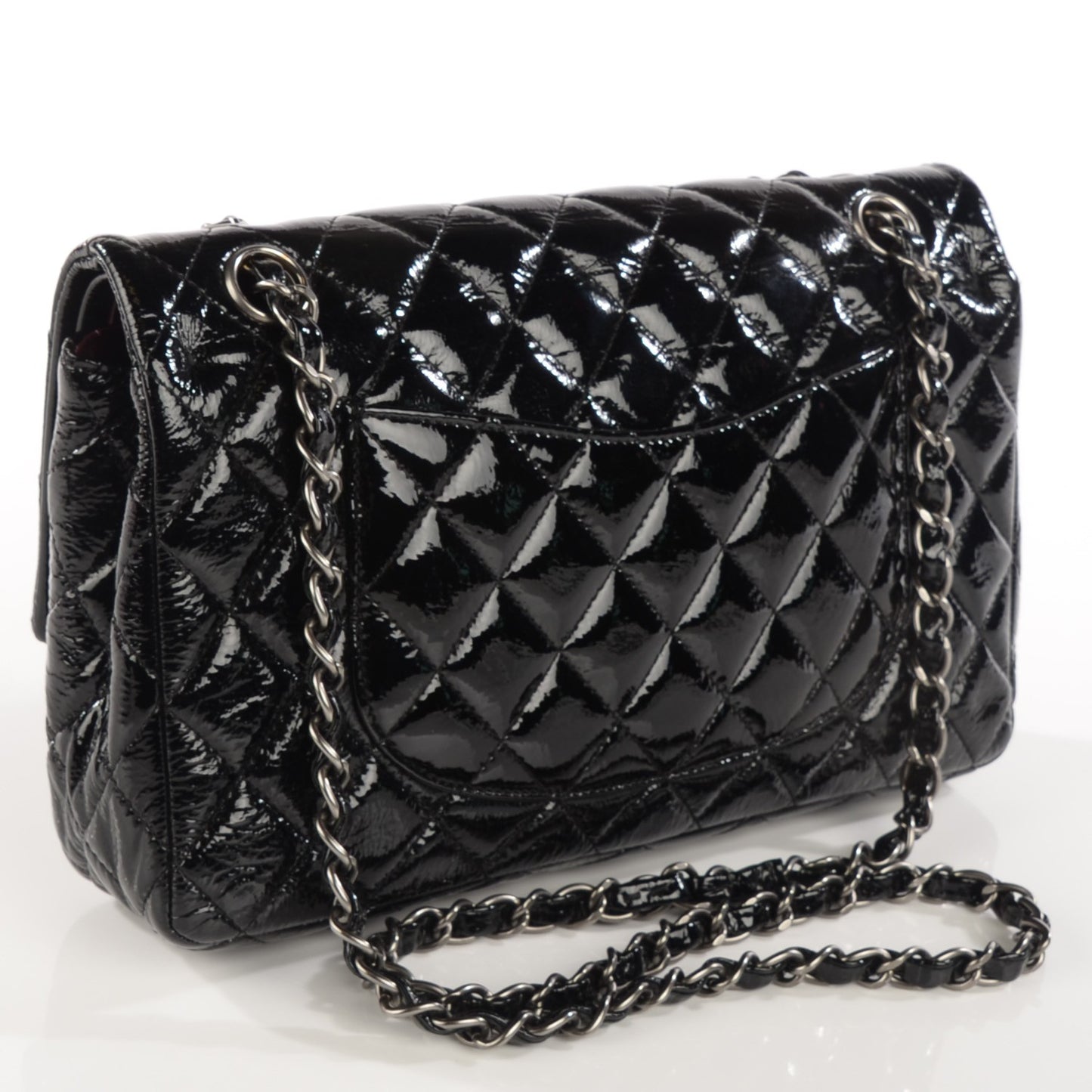 Distressed Patent Quilted Medium Double Flap Black