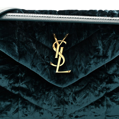 Saint Laurent Crushed Velvet Quilted Small Loulou Puffer Monogram Chain Satchel Emerald 7 of 9