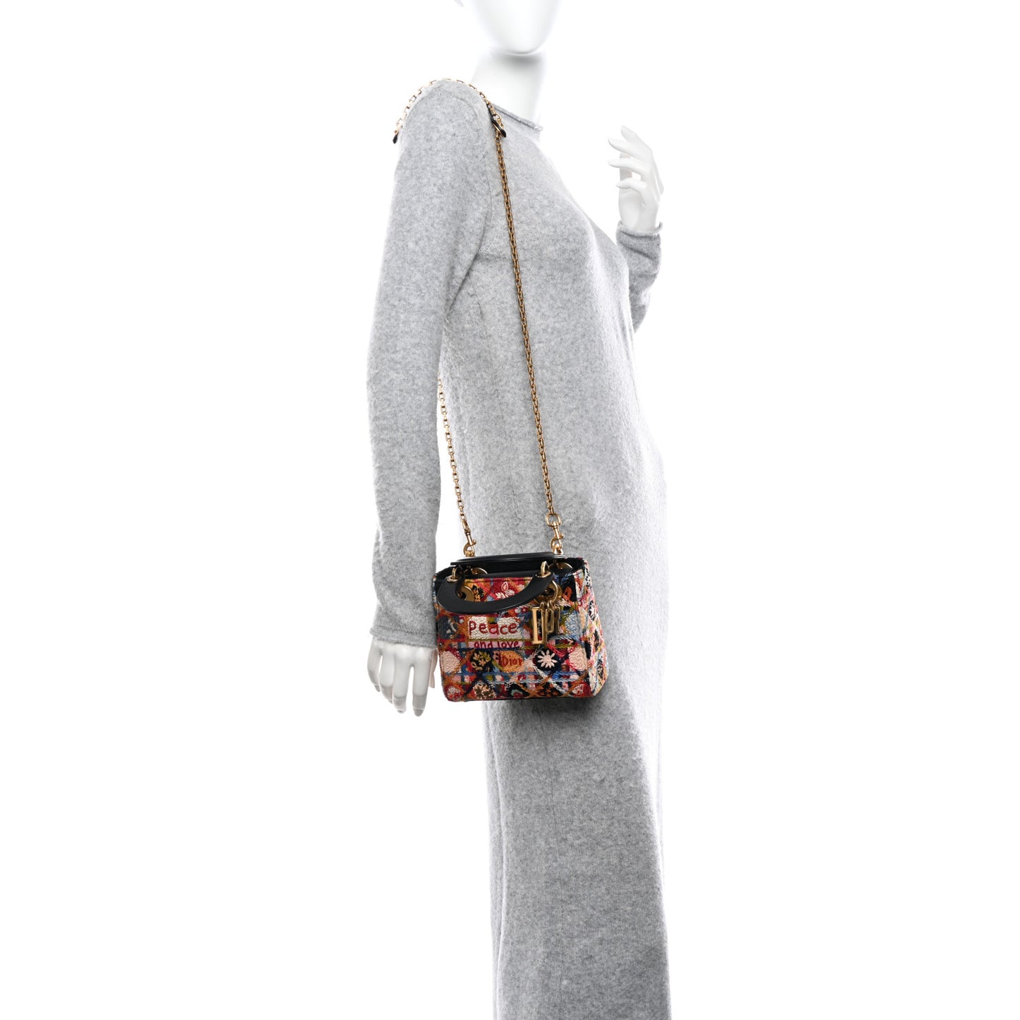 Canvas Embroidered Beaded Peace Mini Lady Dior Black Multicolor