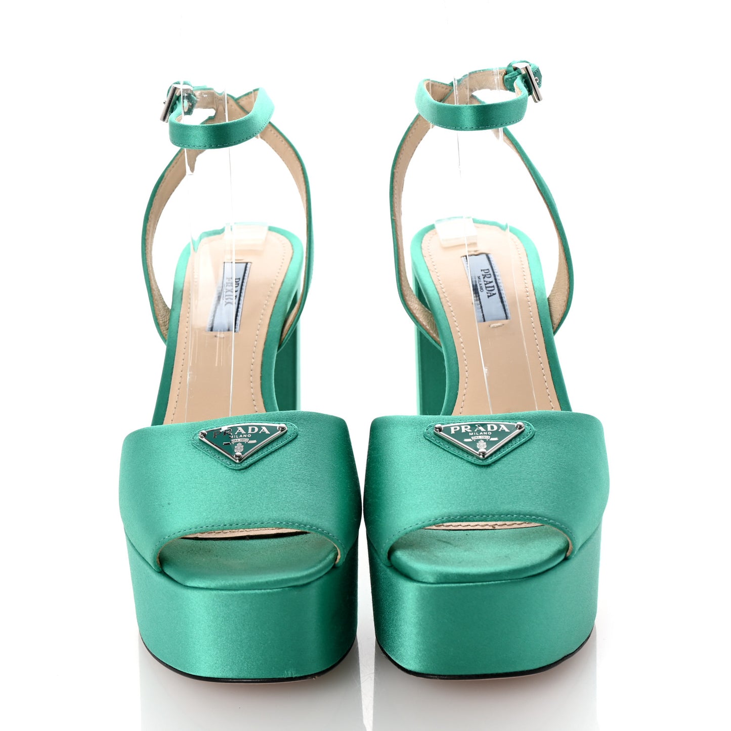 Satin Metal Triangle Logo Ankle Strap 40/135mm Platform Sandals 37 Assenzio