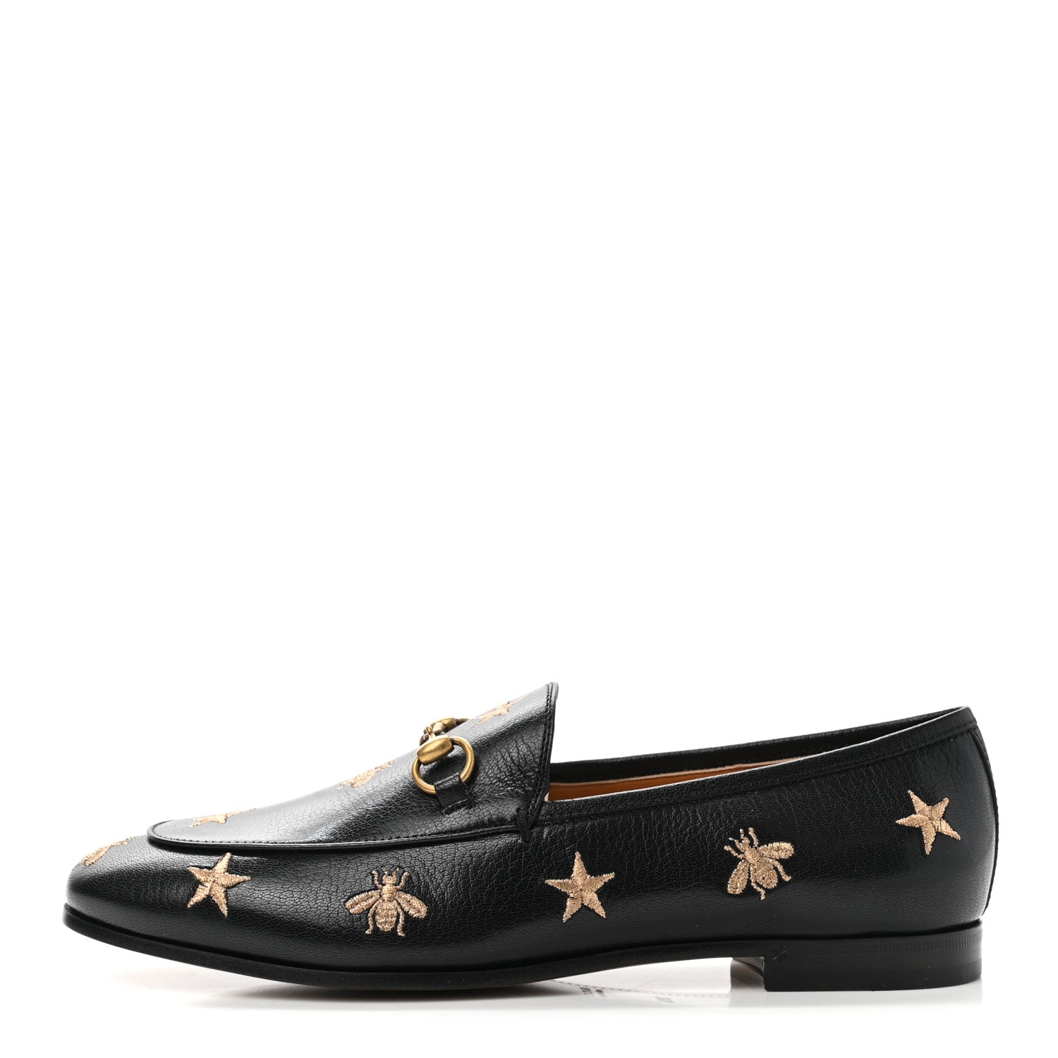 Gucci Goatskin Bee Star Embroidered Womens Jordaan Loafers 37 Black 1 of 9