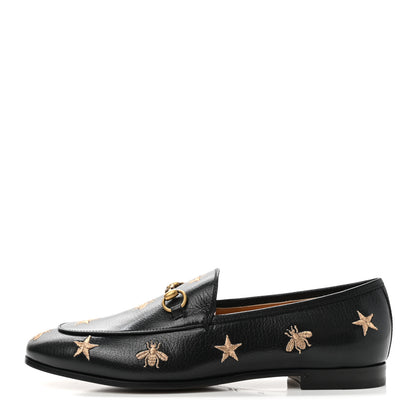 Gucci Goatskin Bee Star Embroidered Womens Jordaan Loafers 37 Black 1 of 9