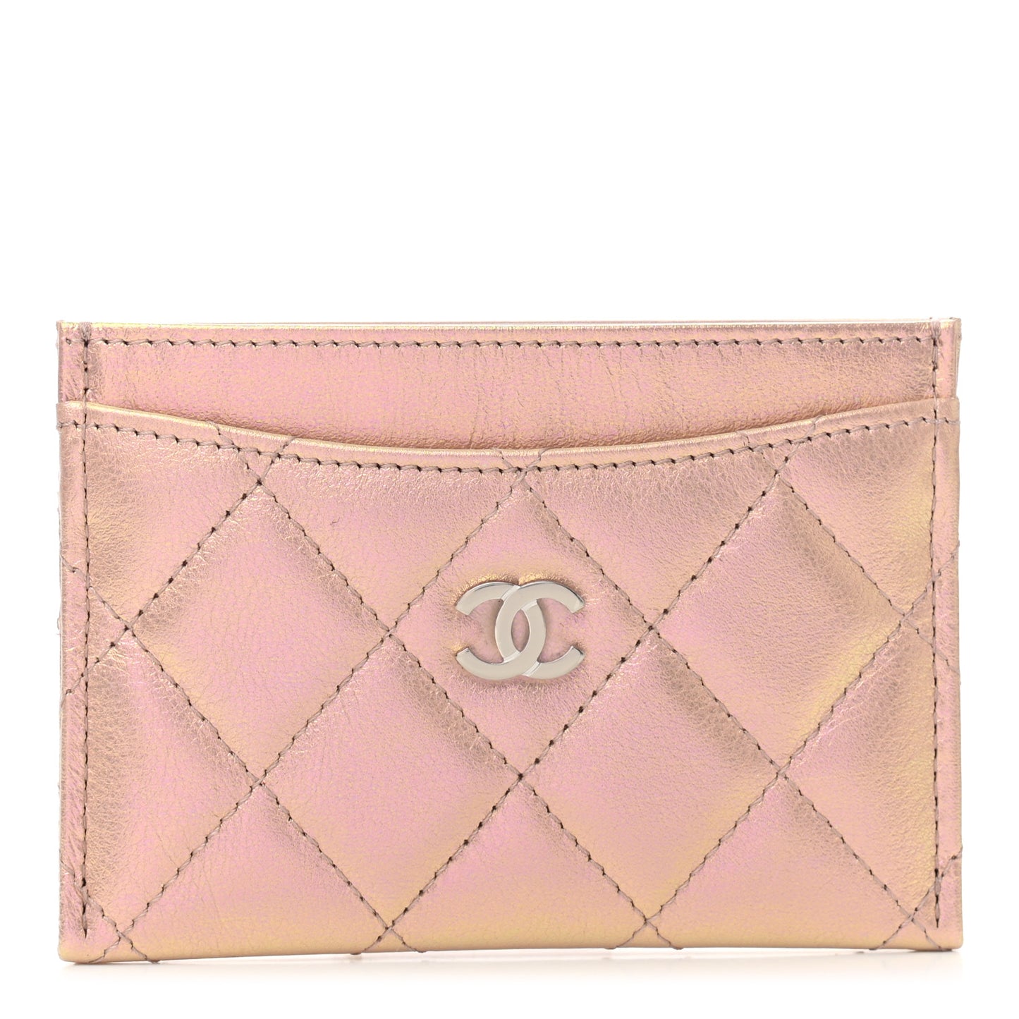 Iridescent Calfskin Quilted Card Holder Pink