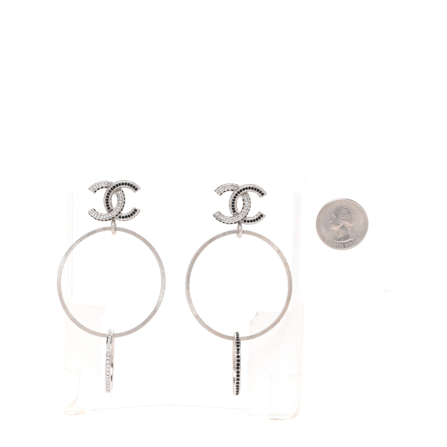 Chanel Crystal CC Hoop Earrings Silver Black 2 of 4