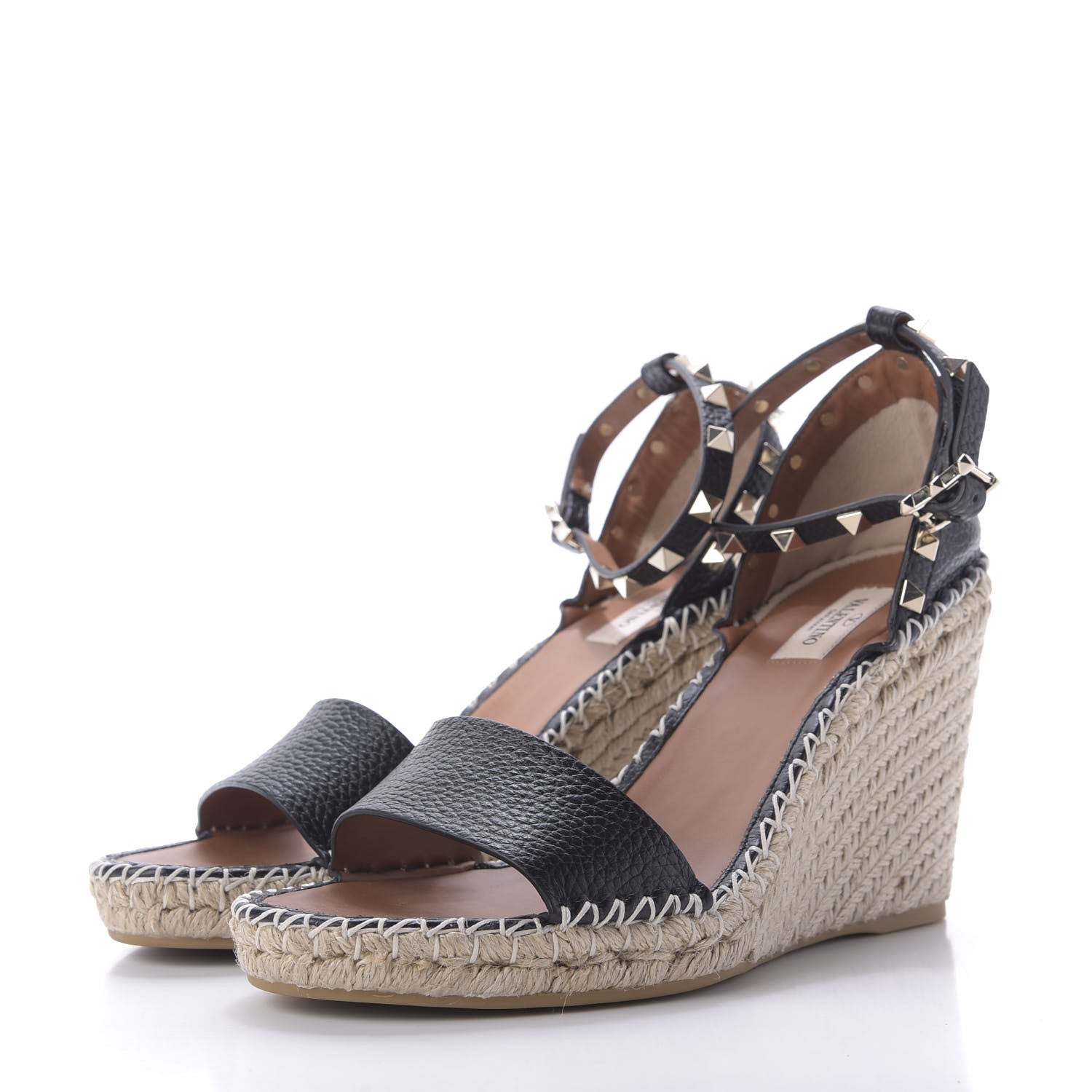 Valentino Garavani Grained Calfskin Rockstud Ankle Strap Espadrille 15/105mm Wedge Sandals 41 Black Light Cuir Natural 3 of 8