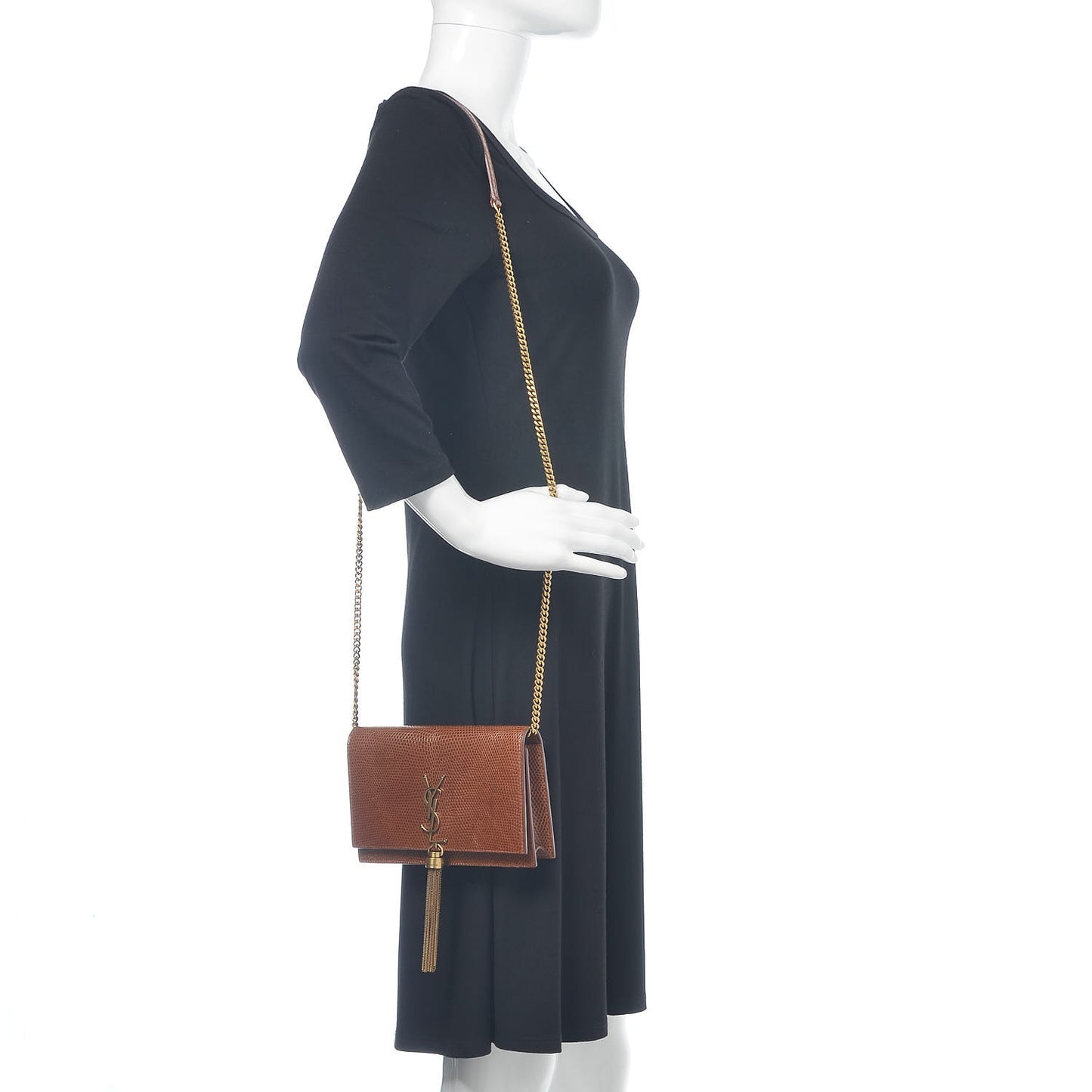 Lizard Kate Monogram Tassel Chain Wallet Cognac
