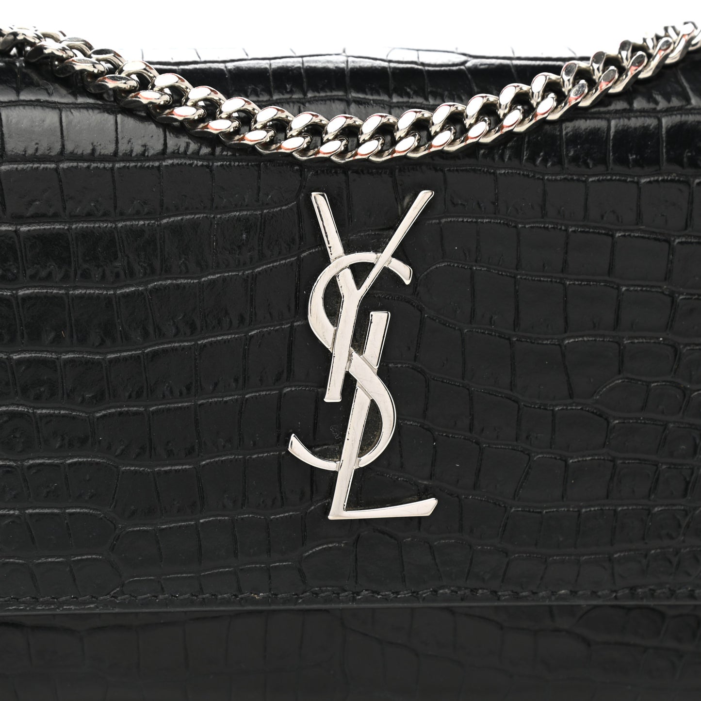 Calfskin Crocodile Embossed Monogram Sunset Chain Wallet Black