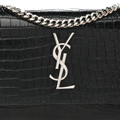 Saint Laurent Calfskin Crocodile Embossed Monogram Sunset Chain Wallet Black 7 of 10
