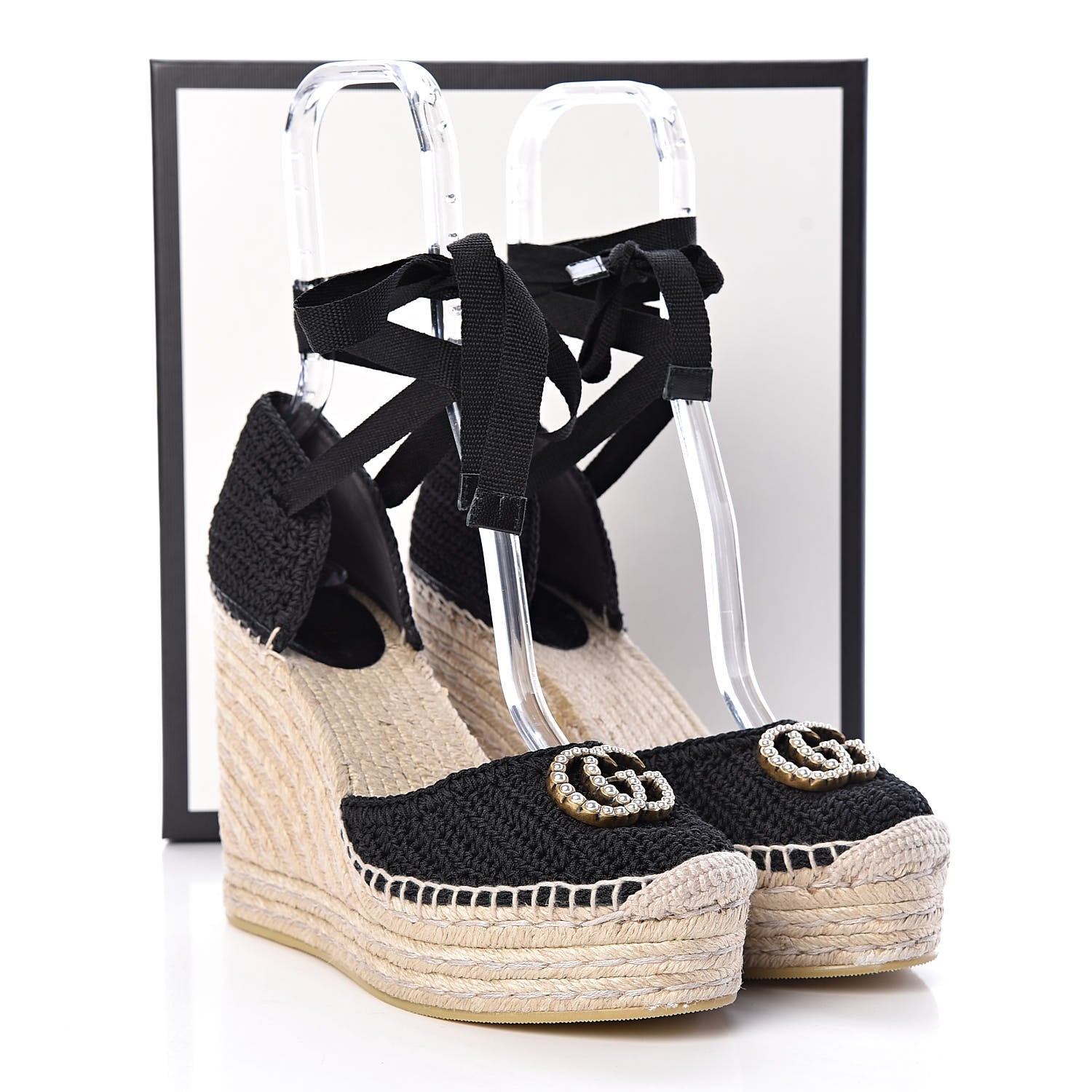 Gucci Cotton Crochet Pearly GG Ankle Wrap Platform Espadrille Wedges 39 Black 10 of 10