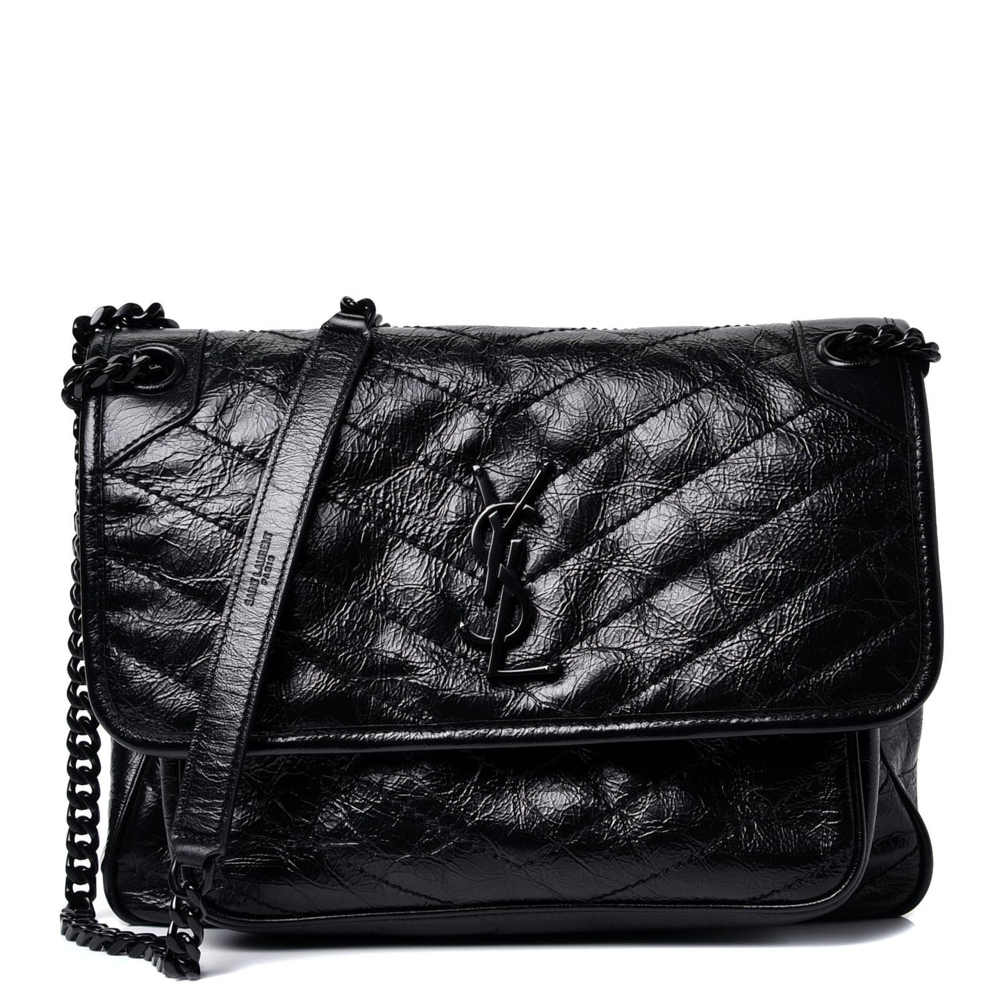 Crinkled Calfskin Matelasse Monogram Medium Niki Chain Satchel Black