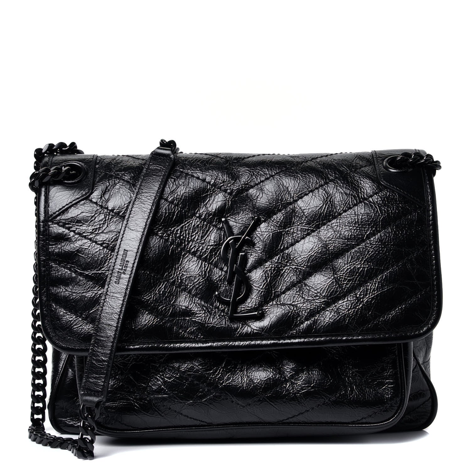 Saint Laurent Crinkled Calfskin Matelasse Monogram Medium Niki Chain Satchel Black 1 of 3