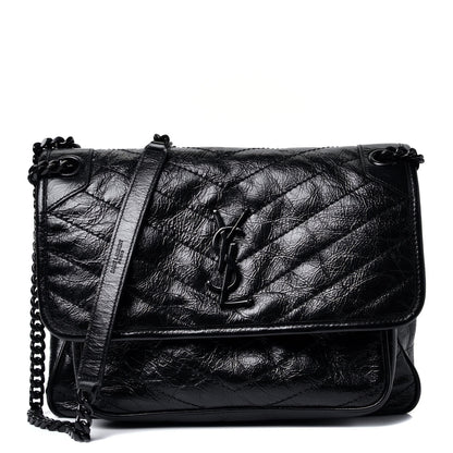 Saint Laurent Crinkled Calfskin Matelasse Monogram Medium Niki Chain Satchel Black 1 of 3