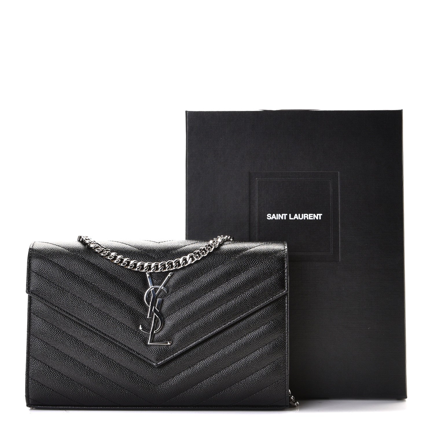 Saint Laurent Grain De Poudre Matelasse Chevron Monogram Chain Wallet Black 7 of 7