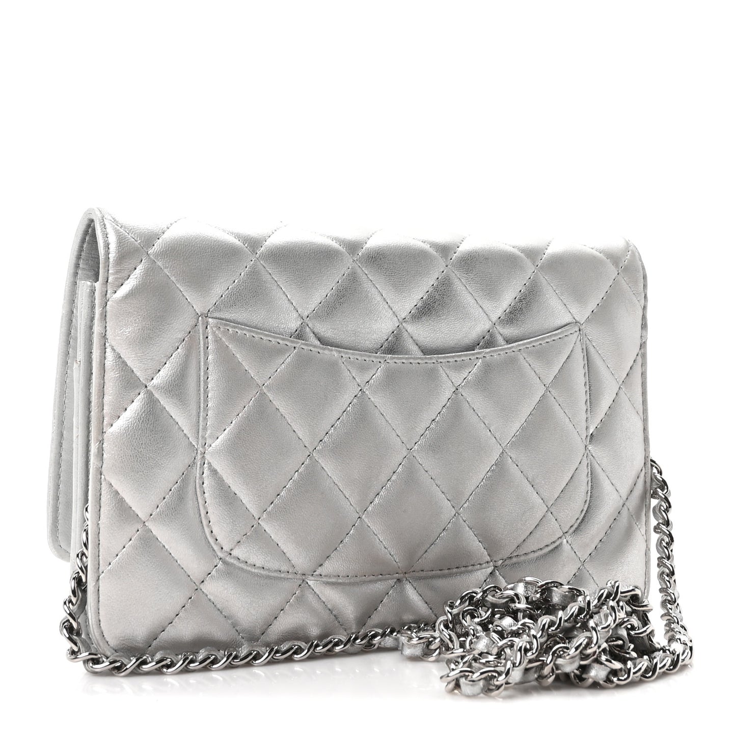 Metallic Lambskin Quilted Wallet On Chain WOC Silver