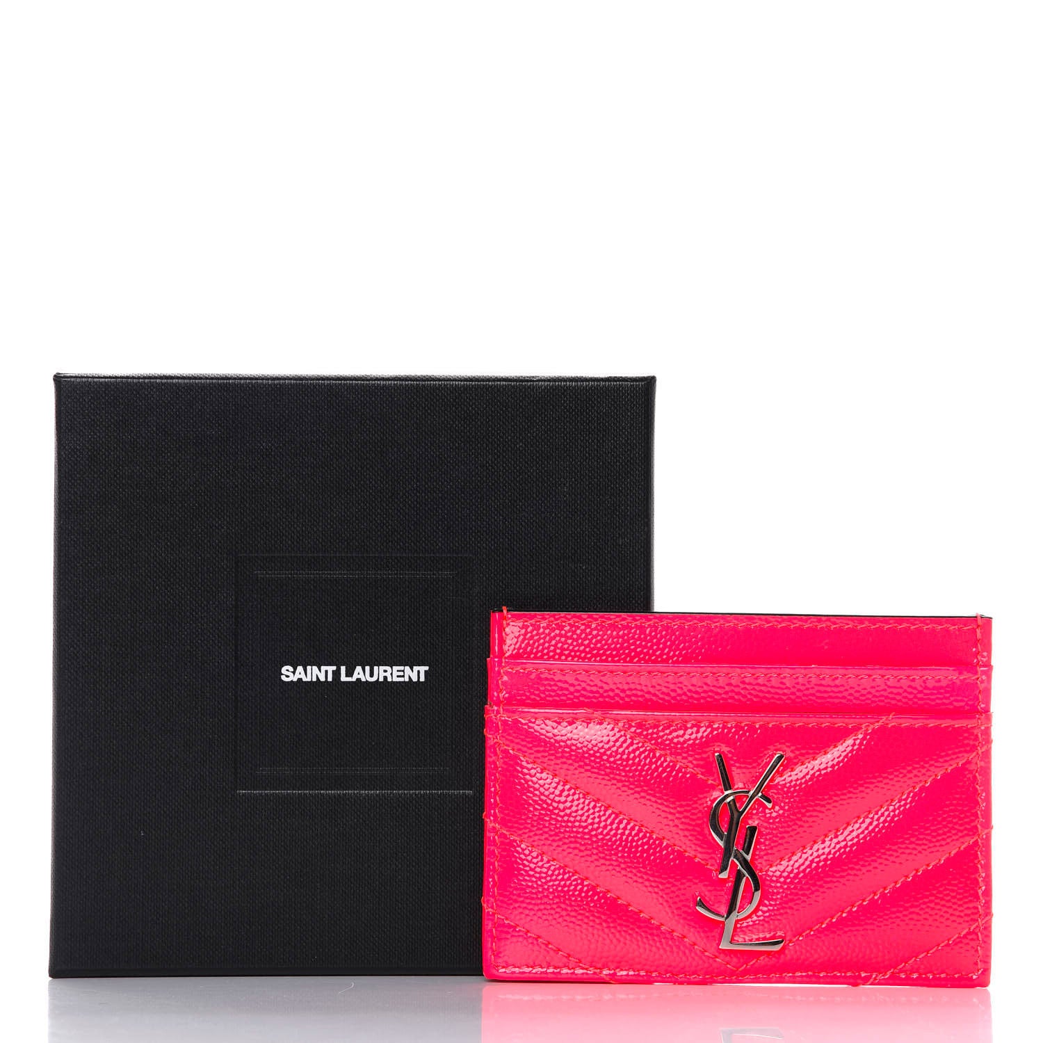 Saint Laurent Grain De Poudre Matelasse Chevron Monogram Credit Card Case Neon Pink 8 of 8