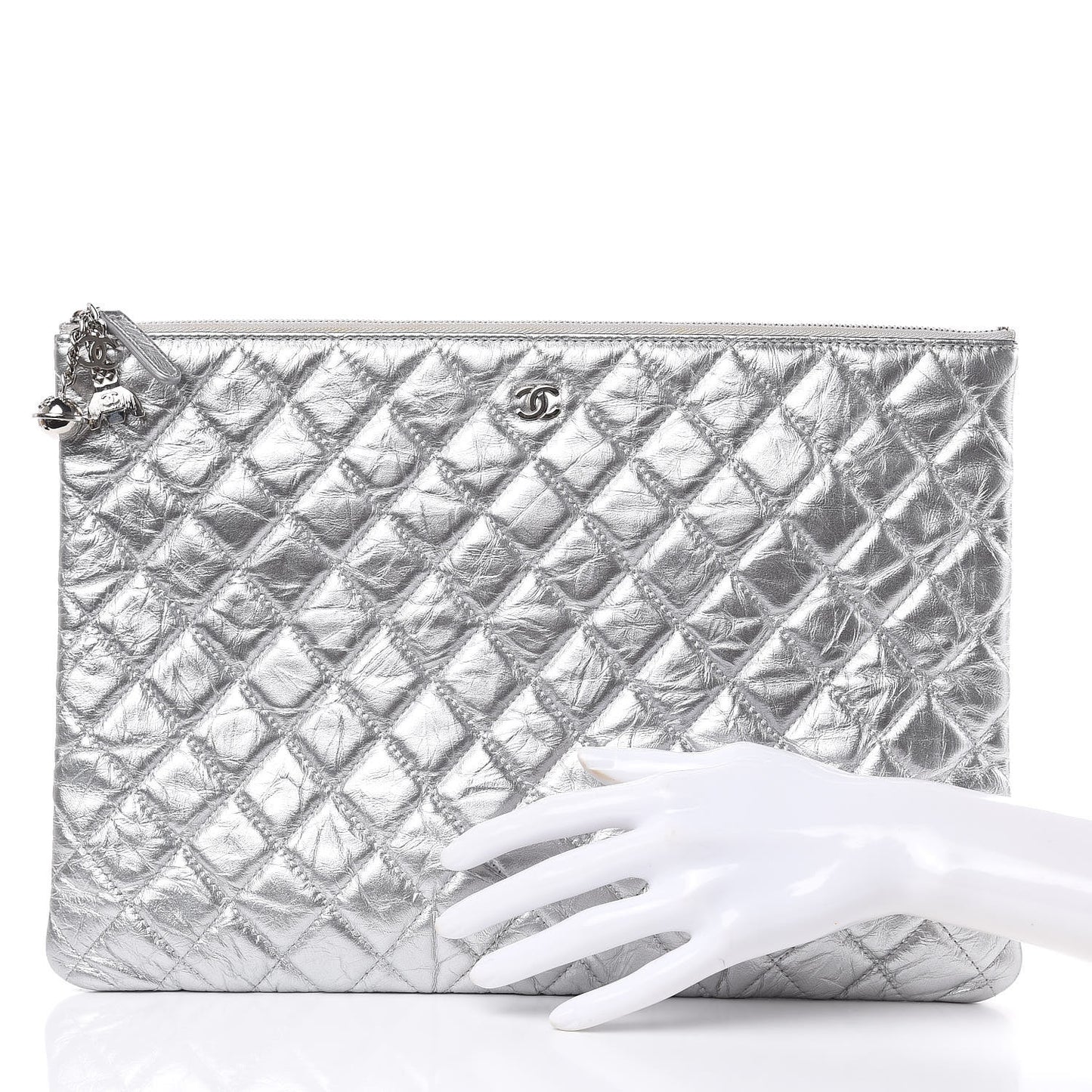 Metallic Calfskin Quilted Large Cosmo Cosmetic Case Silver