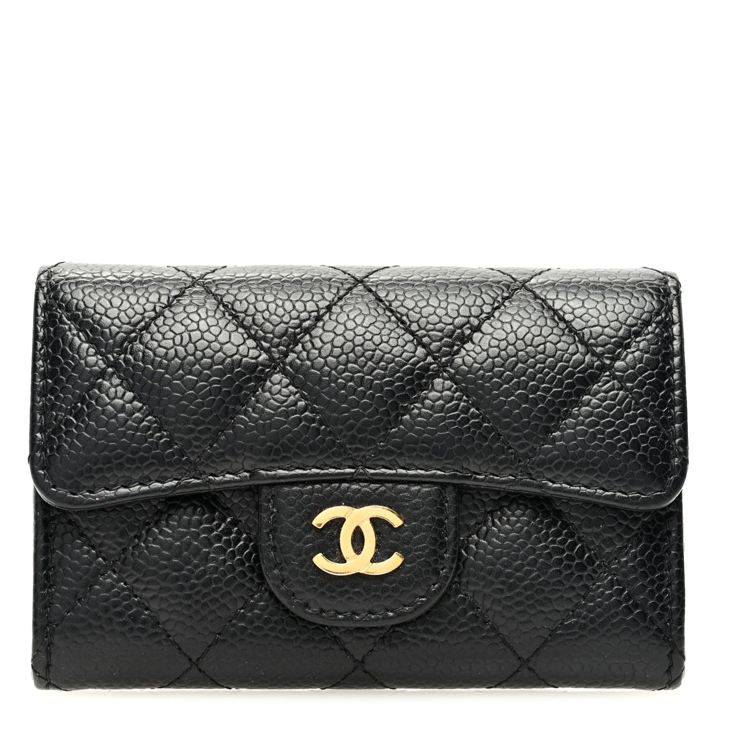 Caviar Quilted Flap Card Holder Wallet Black