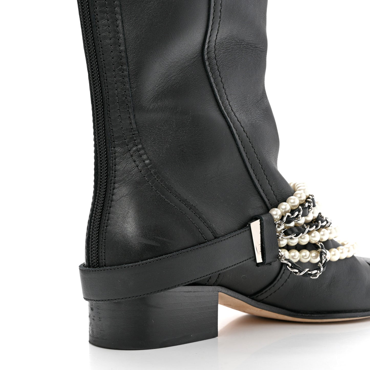 Calfskin Pearl Cap Toe High Boots 38 Black