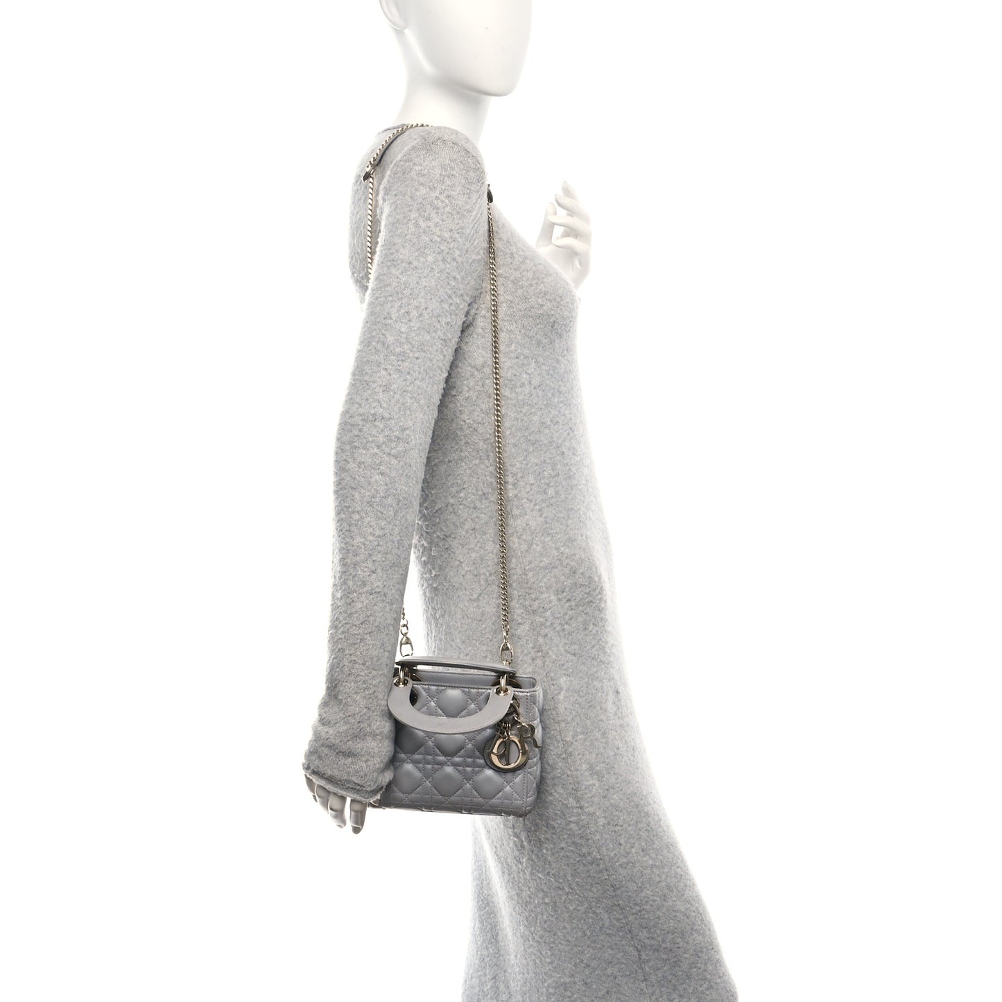 Metallic Lambskin Cannage Mini Lady Dior Gray