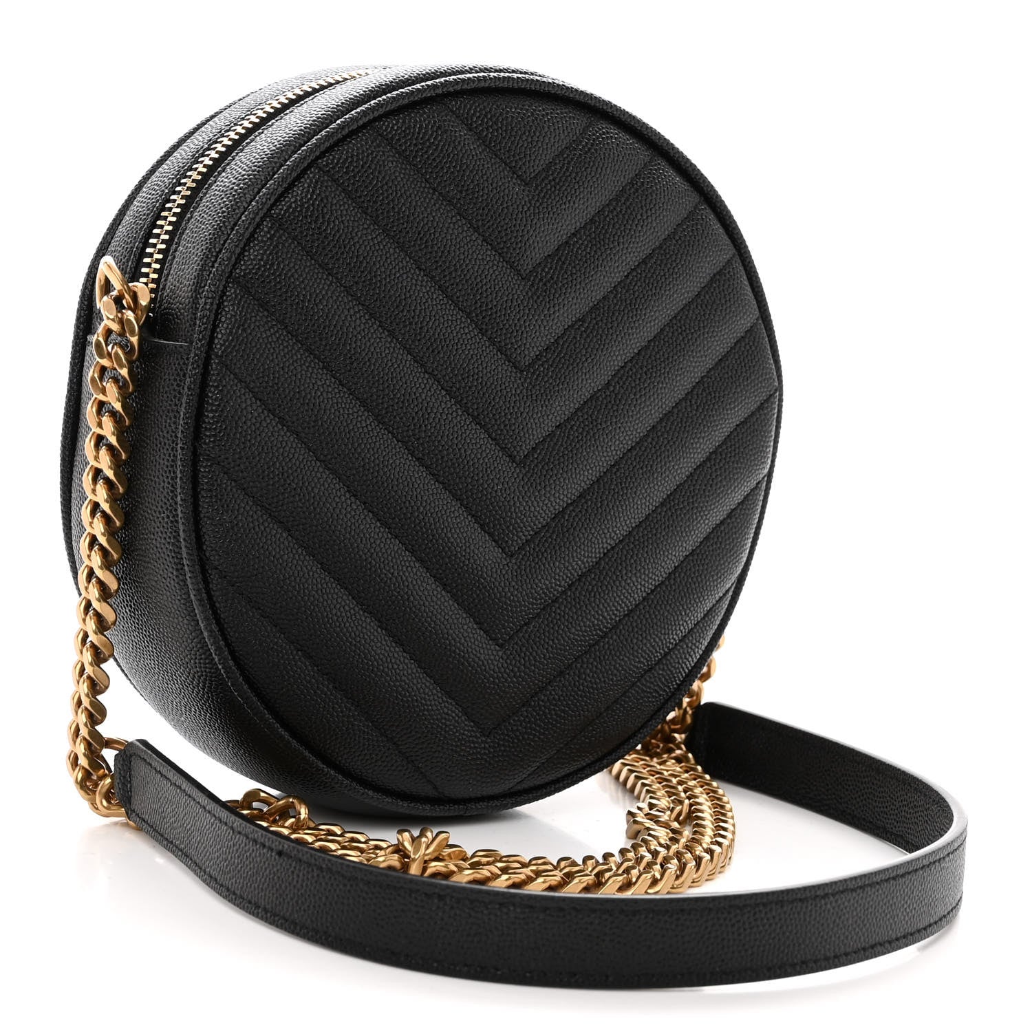 Saint Laurent Grain De Poudre Matelasse Chevron Quilted Round Vinyle Camera Bag Black 3 of 9