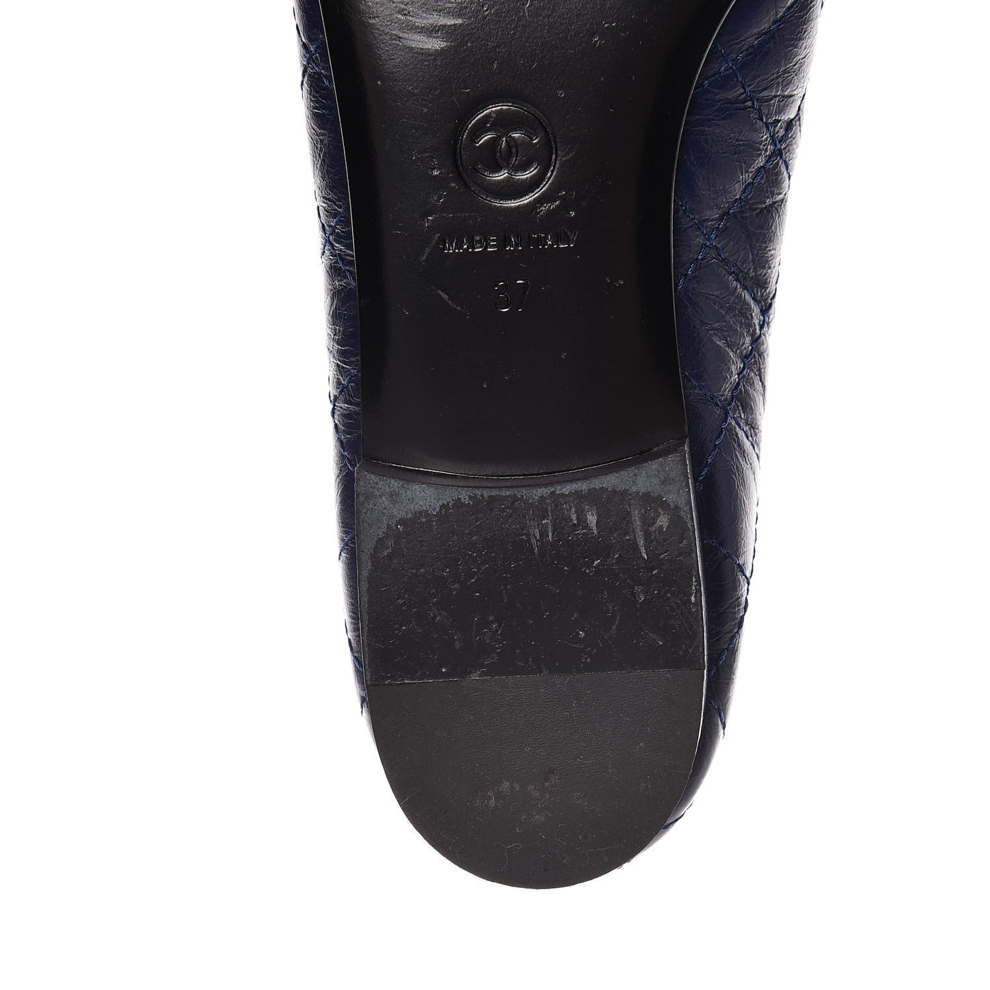 Aged Calfskin Quilted Cap Toe Ballerina Flats 37 Navy