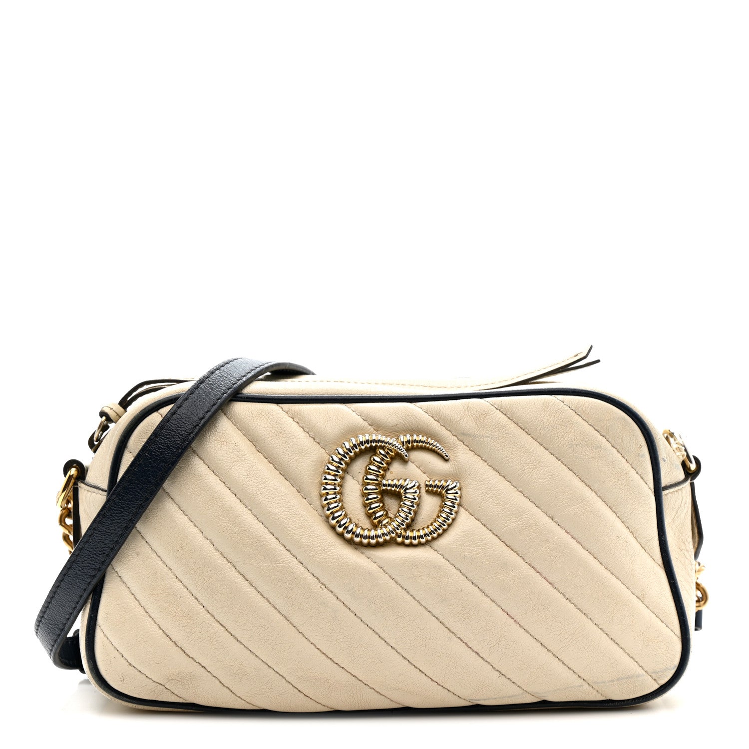 Gucci Vintage Effect Calfskin Matelasse Diagonal Small Torchon GG Marmont Chain Shoulder Bag Mystic White Blue Agata 1 of 21
