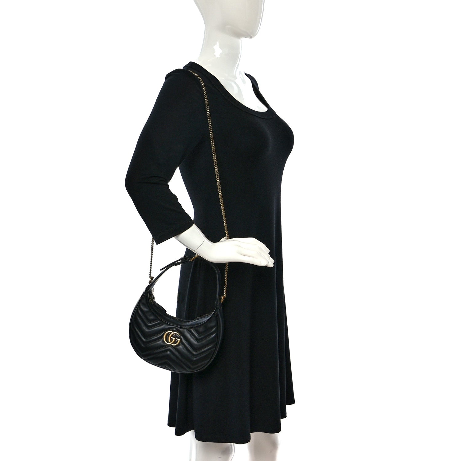 Gucci Calfskin Matelasse Chevron Mini GG Marmont Half Moon Hobo Black 2 of 8