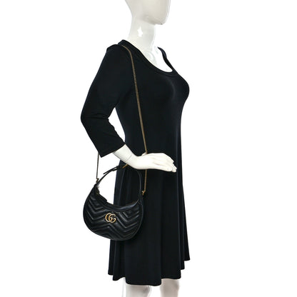 Gucci Calfskin Matelasse Chevron Mini GG Marmont Half Moon Hobo Black 2 of 8