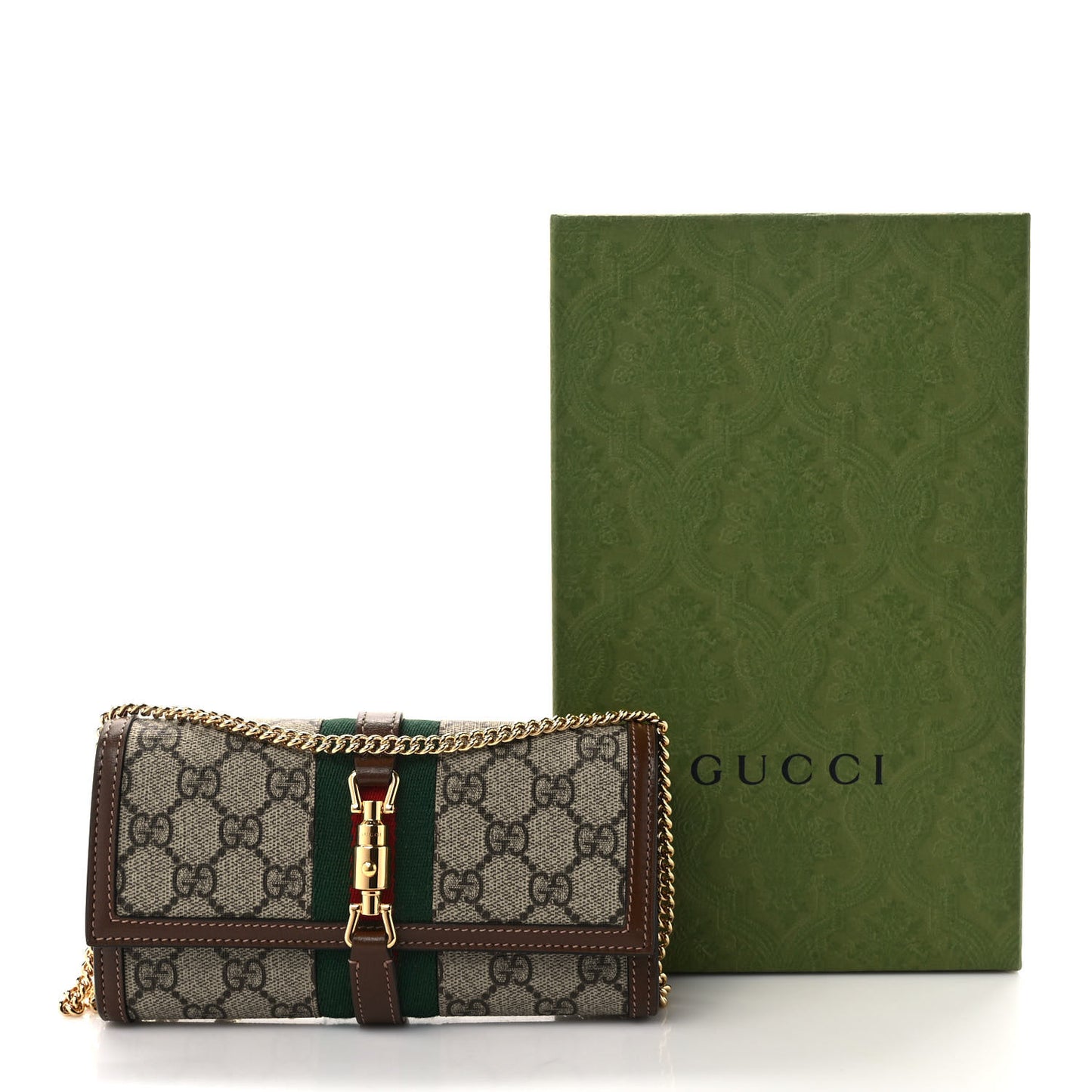 GG Supreme Monogram Azalea Calfskin Web Jackie 1961 Chain Wallet Beige Ebony Brown Sugar