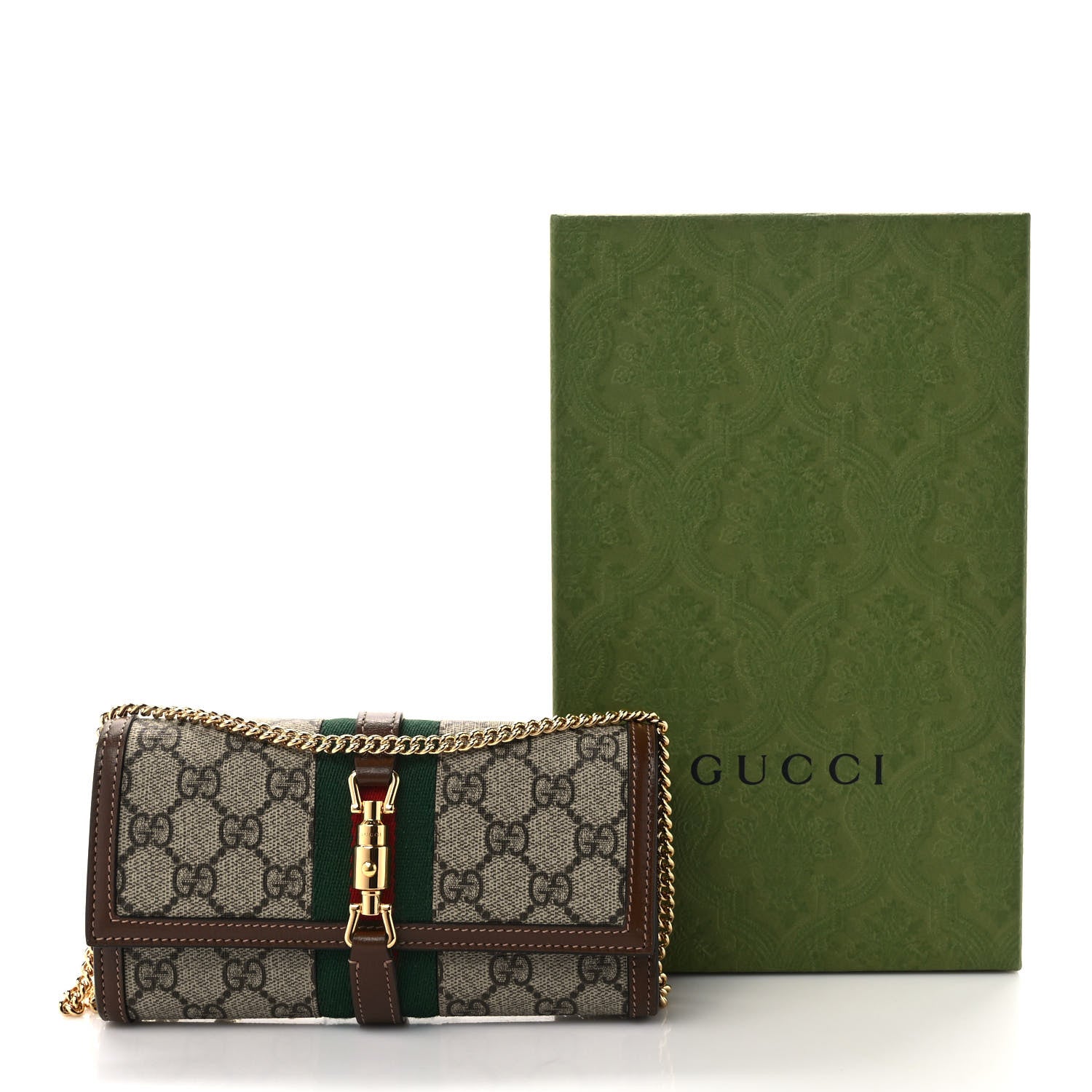Gucci GG Supreme Monogram Azalea Calfskin Web Jackie 1961 Chain Wallet Beige Ebony Brown Sugar 9 of 9