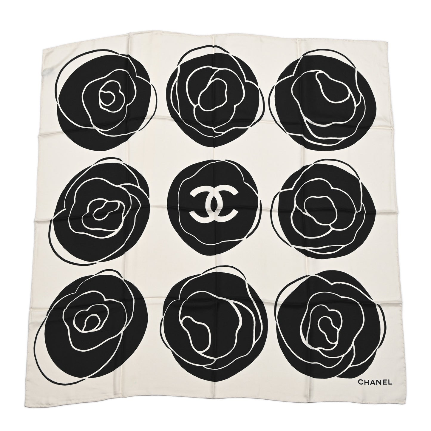Silk CC Camellia Scarf Black White